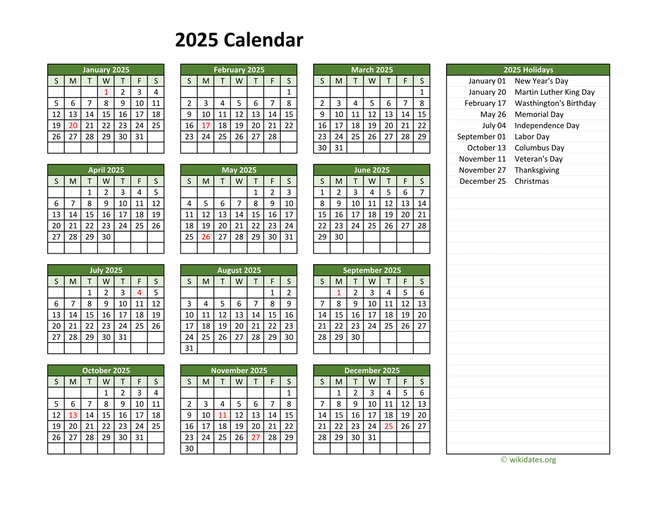 Printable 2025 Calendar With Federal Holidays | Wikidates | Calendar 2025