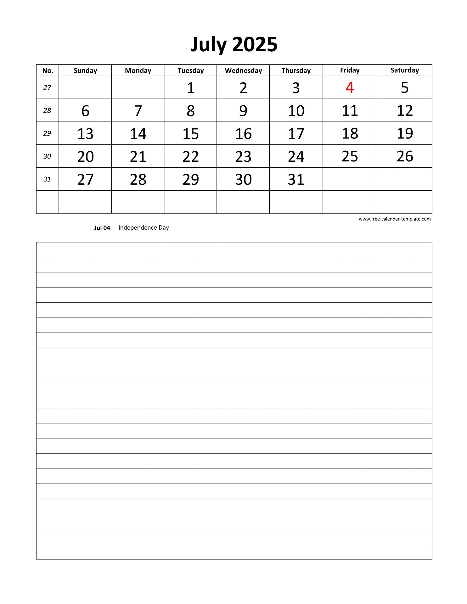 Printable 2025 July Calendar Grid Lines For Daily Notes (Vertical | 2025 Daily Calendar Printable