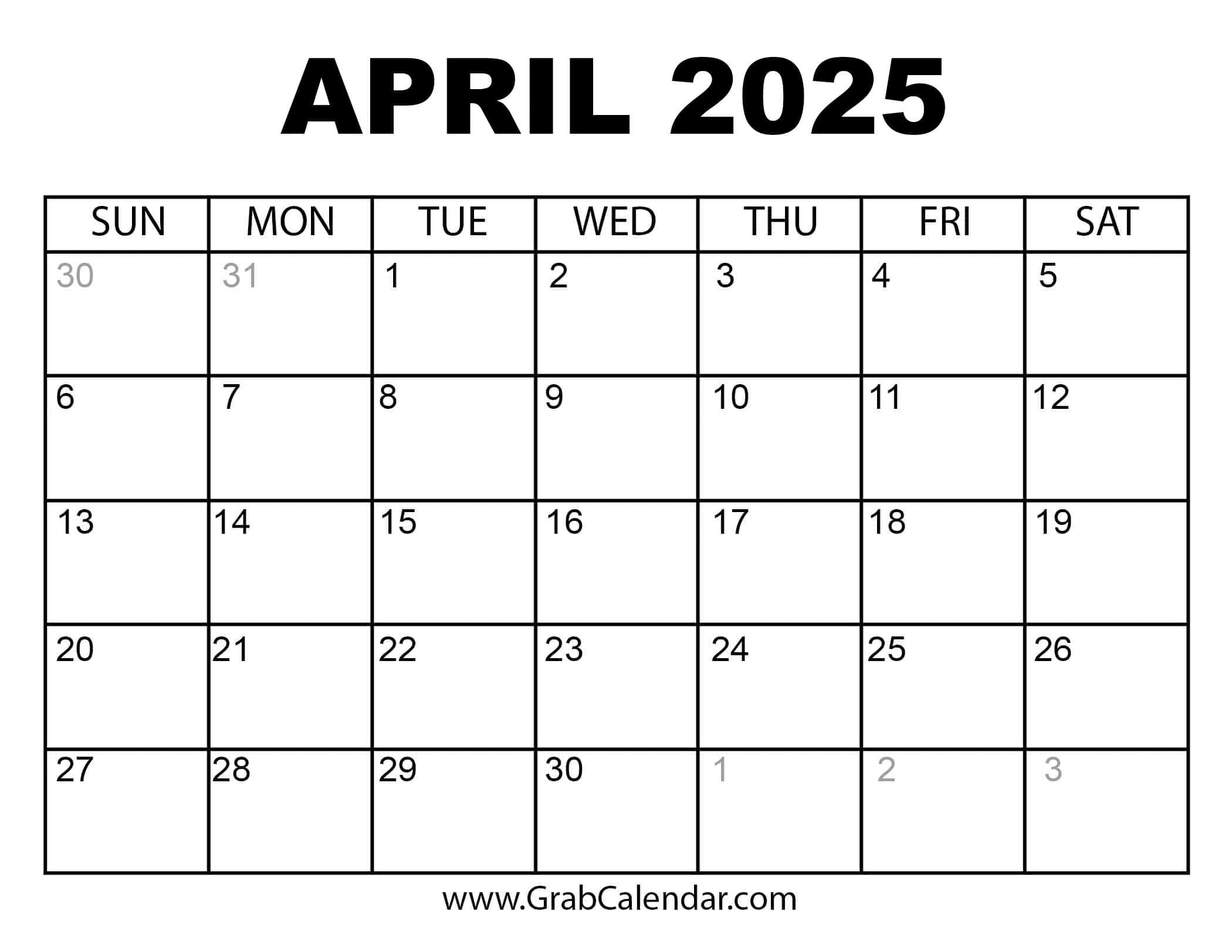 Printable April 2025 Calendar | Free Printable Calendar April 2024 to March 2025