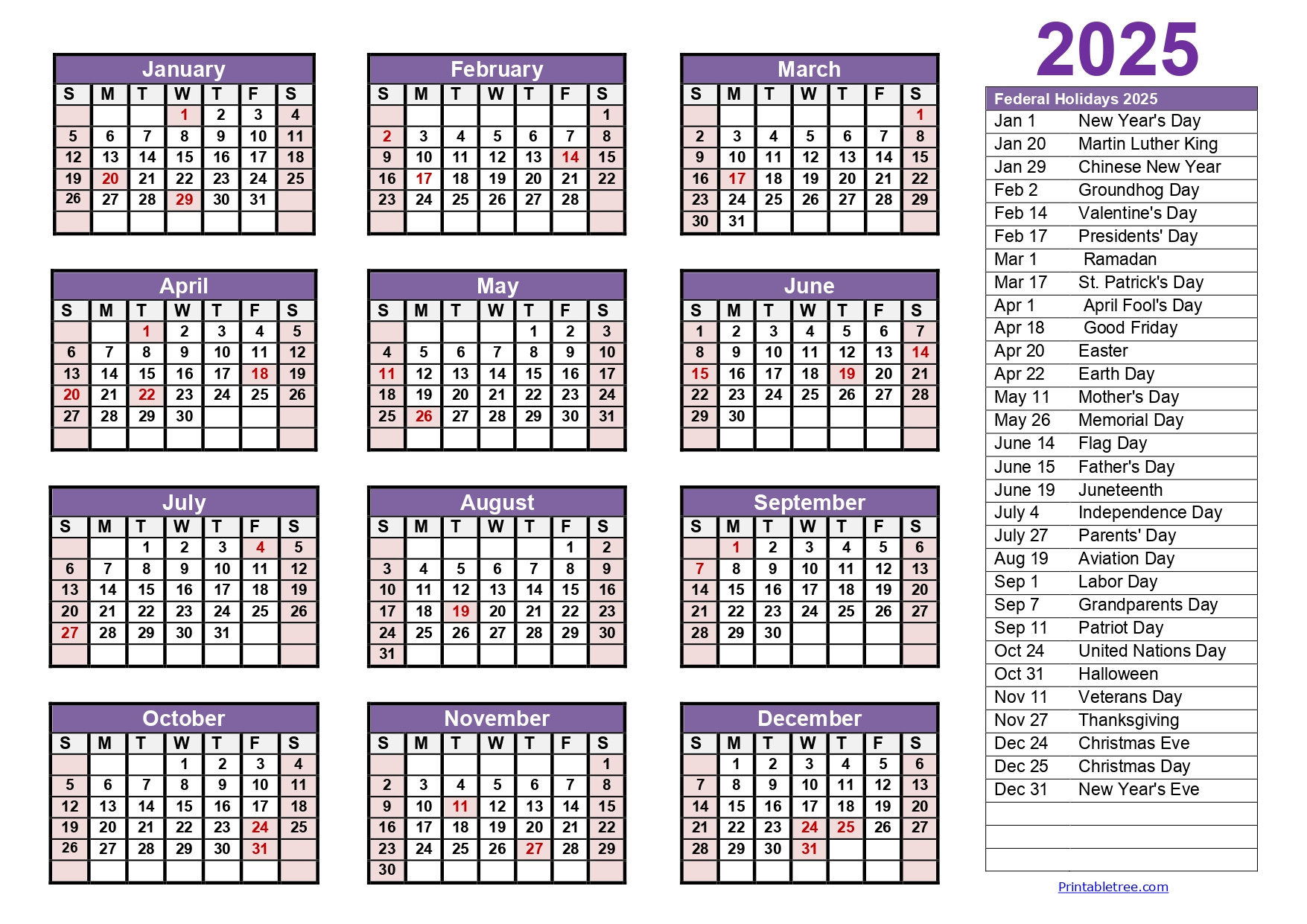 Printable Calendar 2025 One Page With Holidays (Single Page) 2025 | 2025 Calendar With Holidays Free Printable