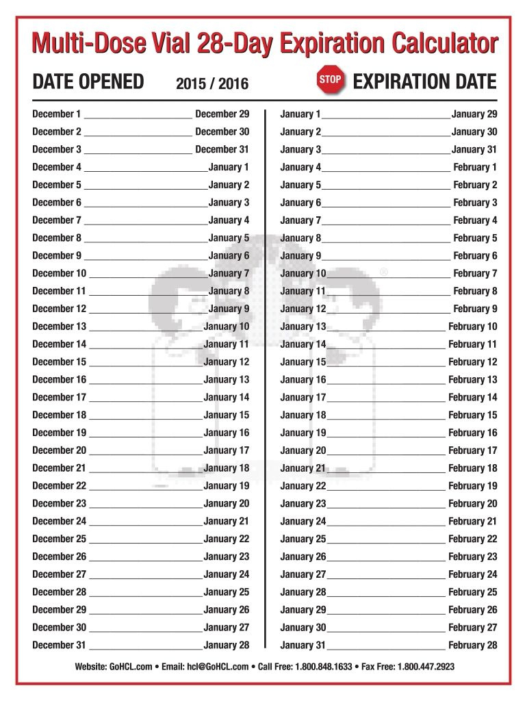 Printable Calendar Template | Printable Multi Dose Vial 28 Day Expiration Calendar 2024 - 2025