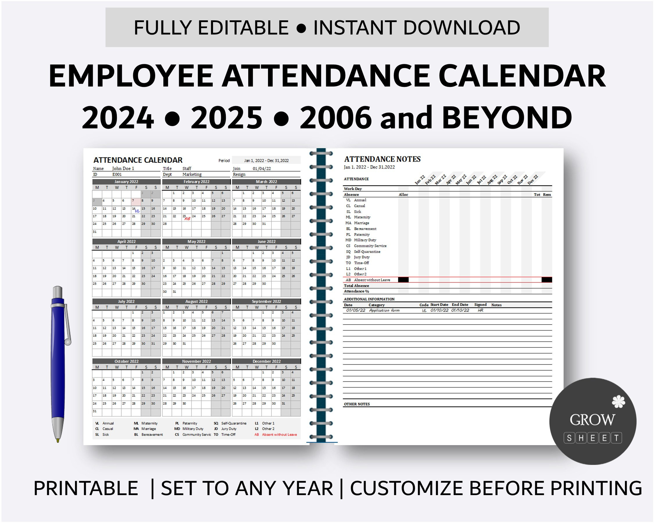 Printable Employee Attendance Calendar Custom Attendance Calendar | Attendance Calendar 2025 Printable