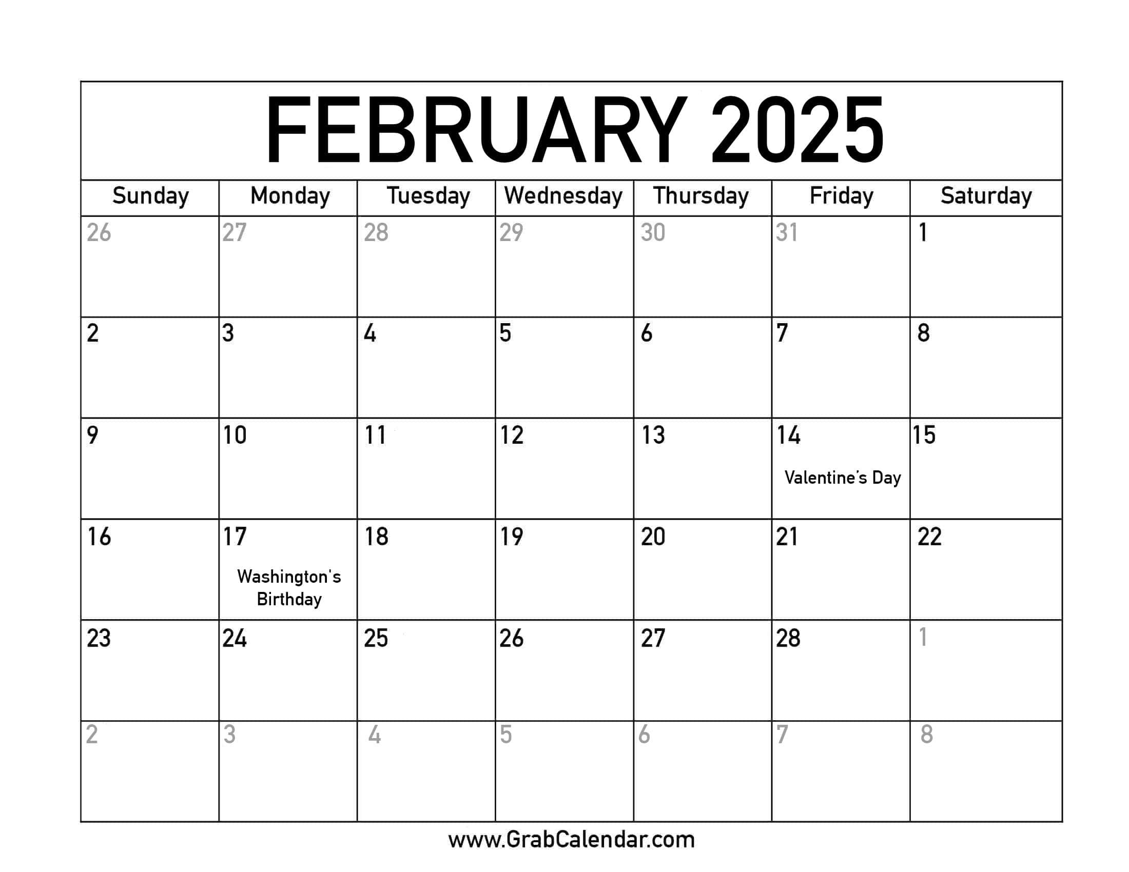 Printable February 2025 Calendar | Feb 2025 Calendar with Holidays Printable