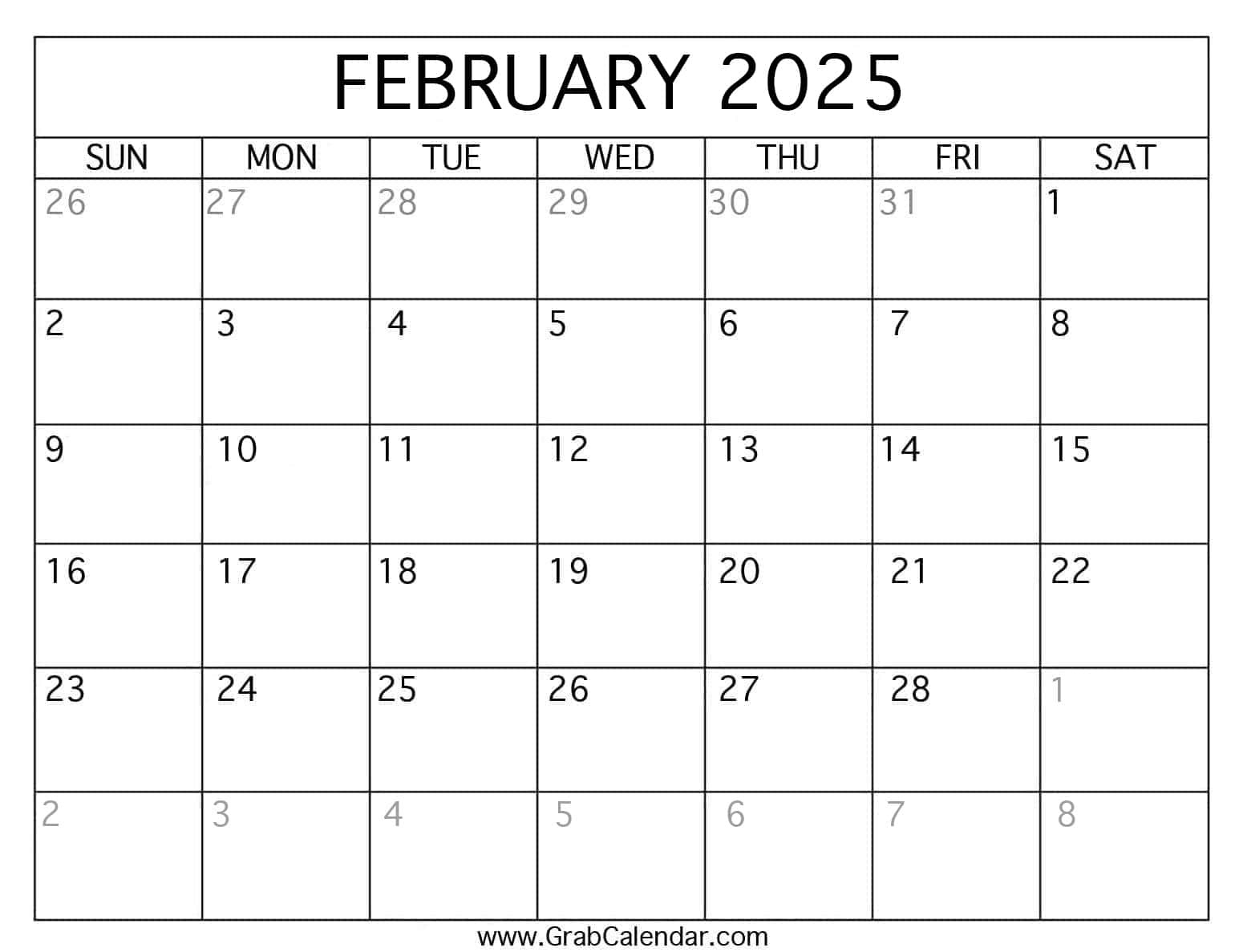 Printable February 2025 Calendar | February 2025 Calendar Printable Free