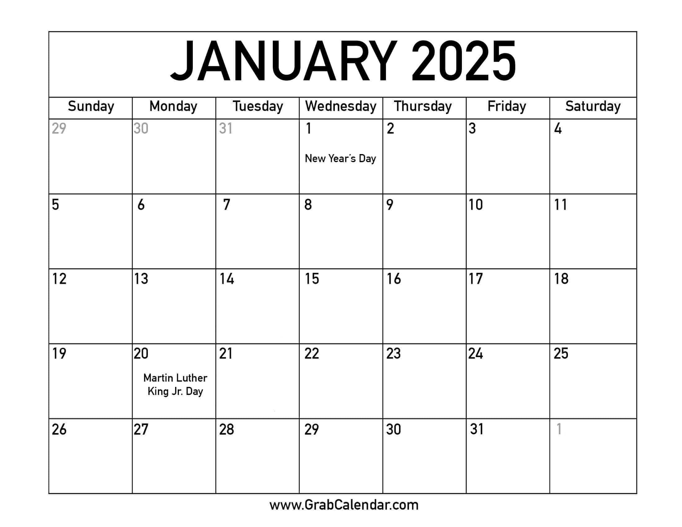 Printable January 2025 Calendar | 2025 Monthly Printable Calendar With Holidays