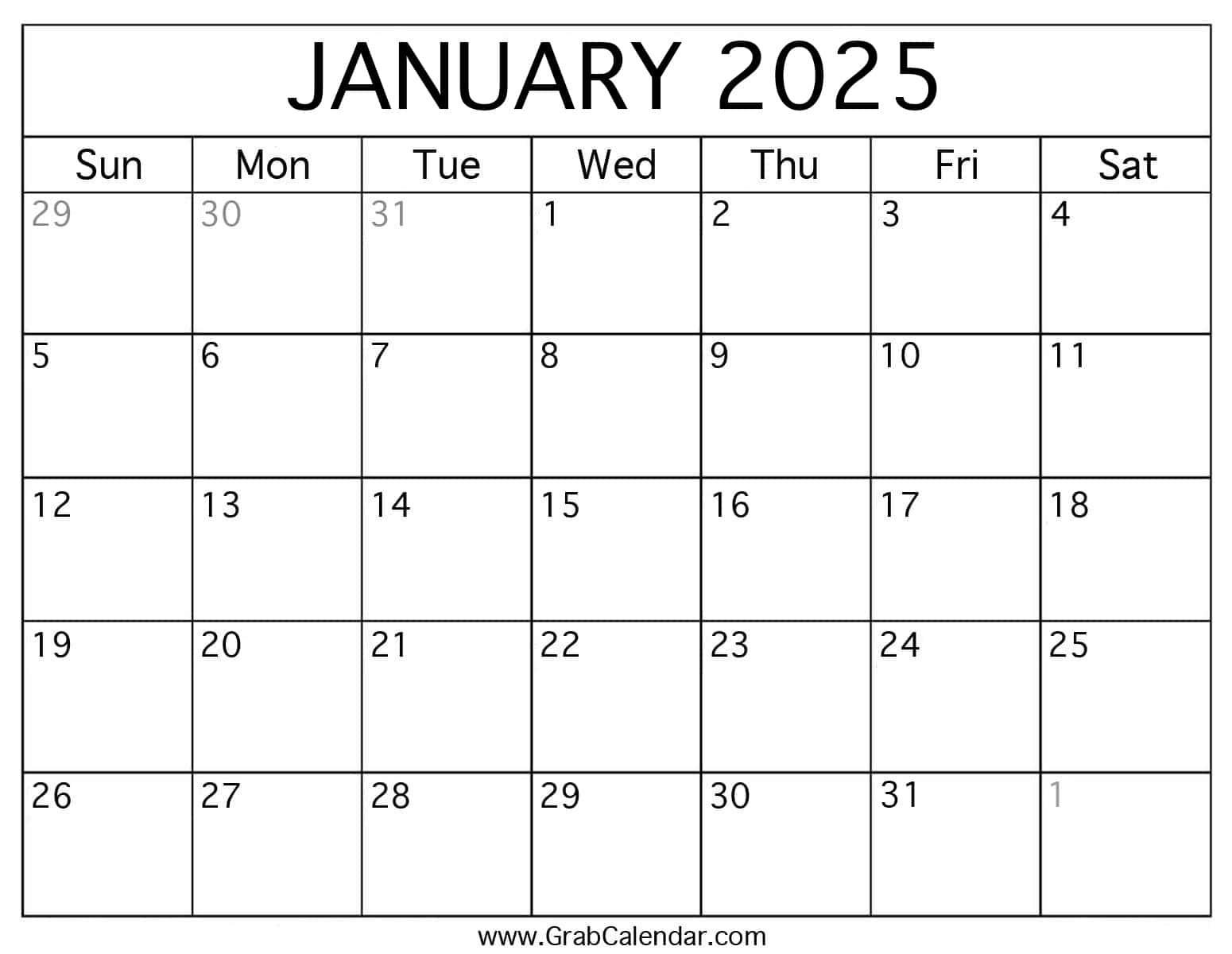 Printable January 2025 Calendar | Blank Calendar January 2025 Free Printable