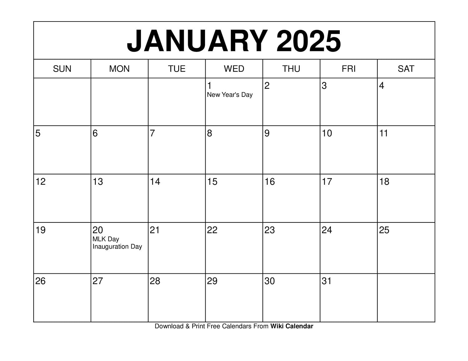 Printable January 2025 Calendar Templates With Holidays | 2025 Calendar Printable Wiki