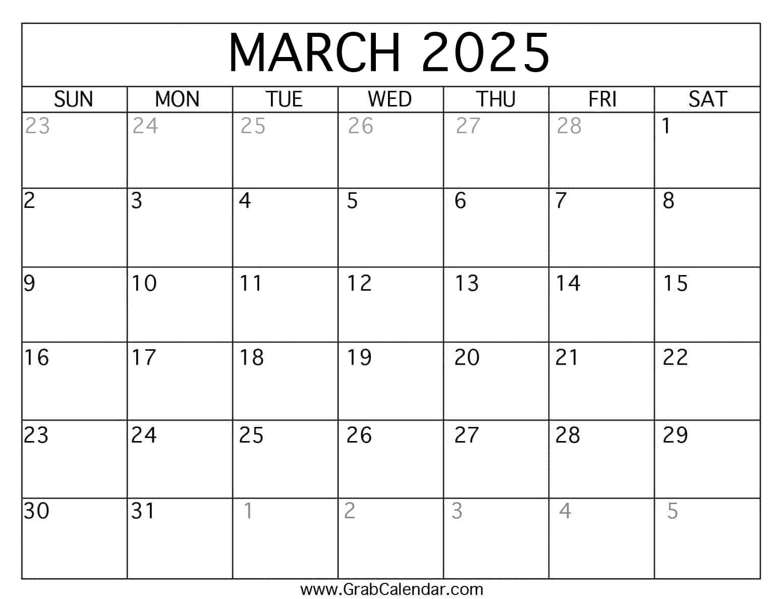 Printable March 2025 Calendar | Blank March 2025 Calendar Printable