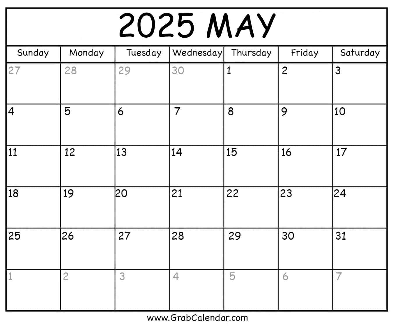 Printable May 2025 Calendar | Blank May 2025 Calendar Printable