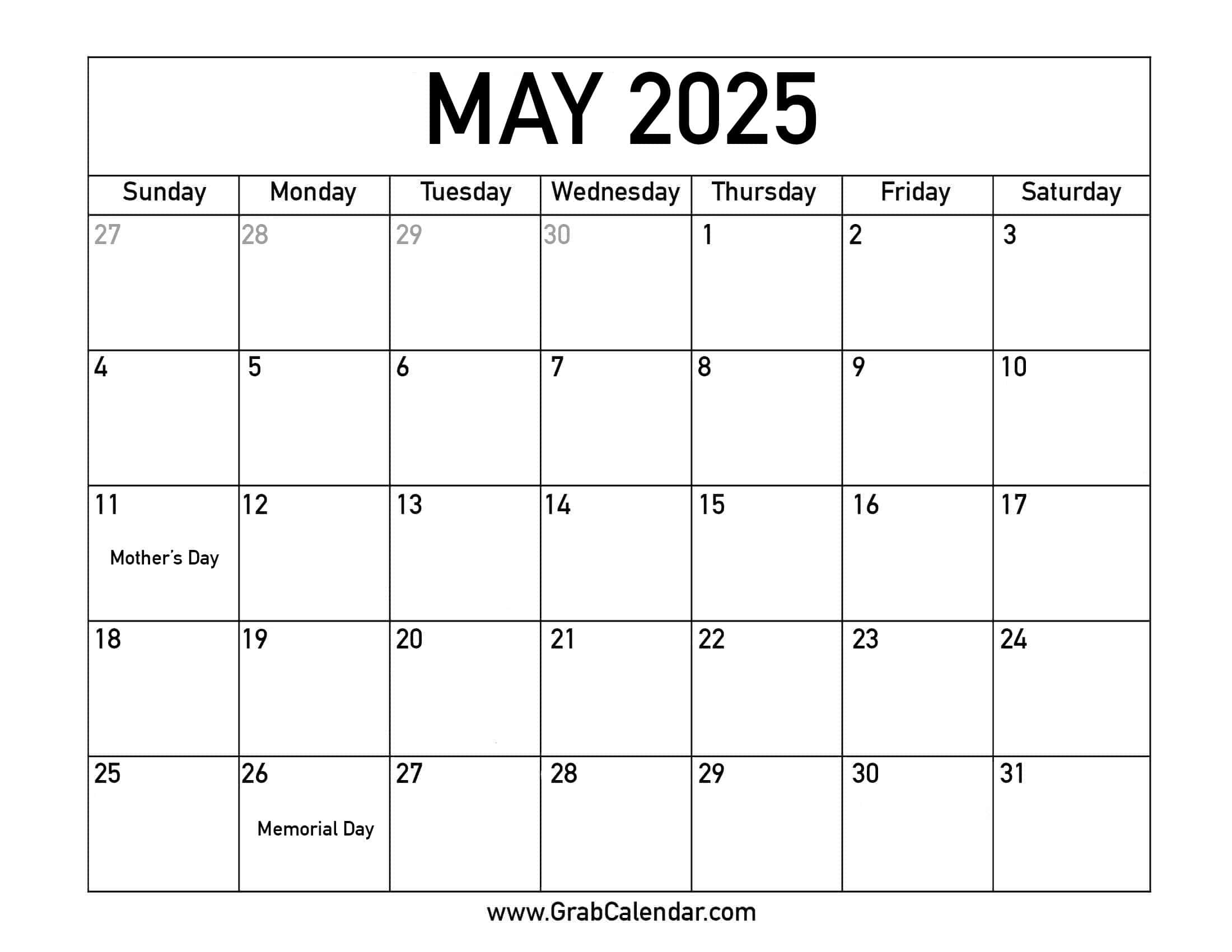 Printable May 2025 Calendar | May 2025 Calendar Printable with Holidays