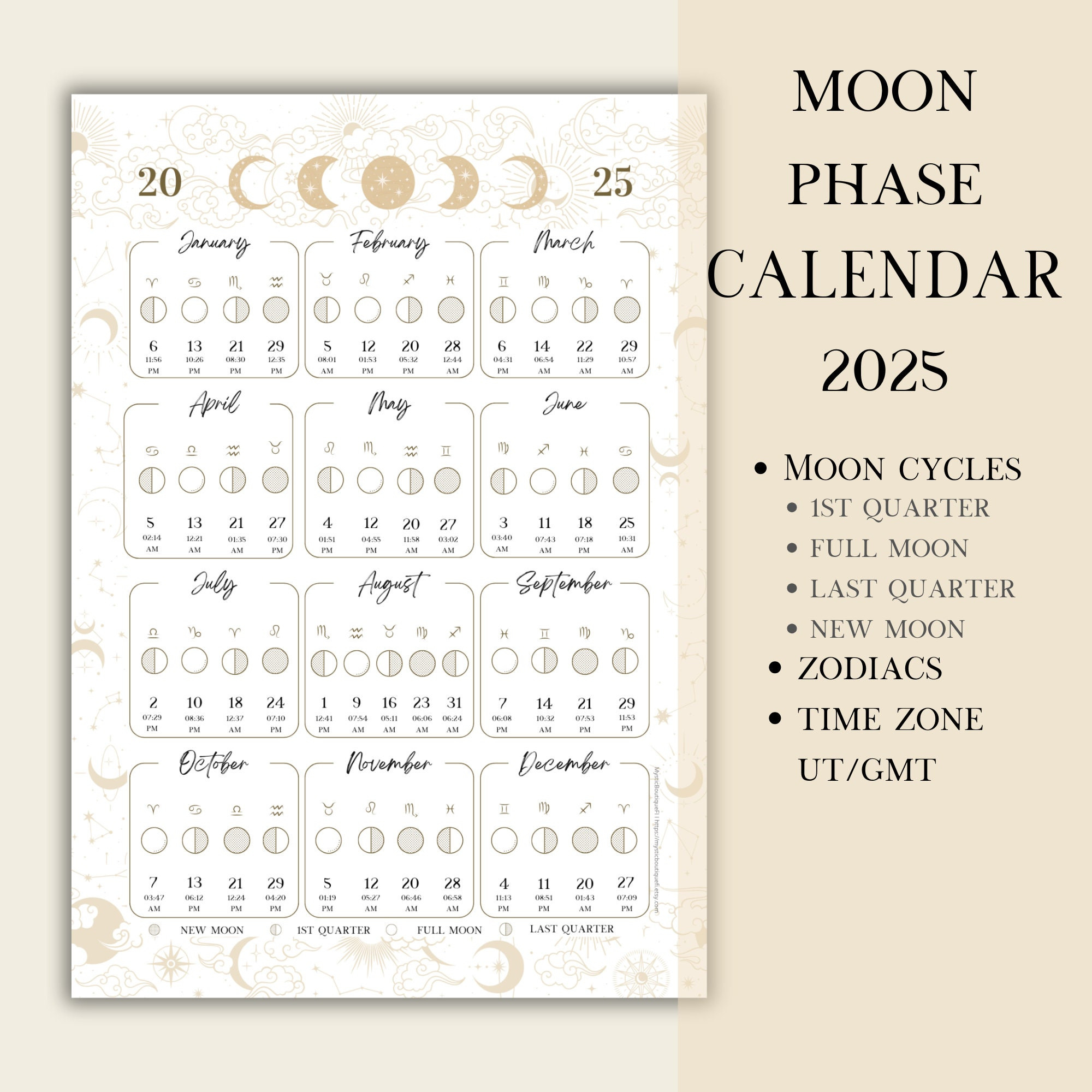 Printable Pdf Lunar Calendar, Moon Phase Calendar 2025 - Etsy | 2025 Moon Phase Calendar Printable