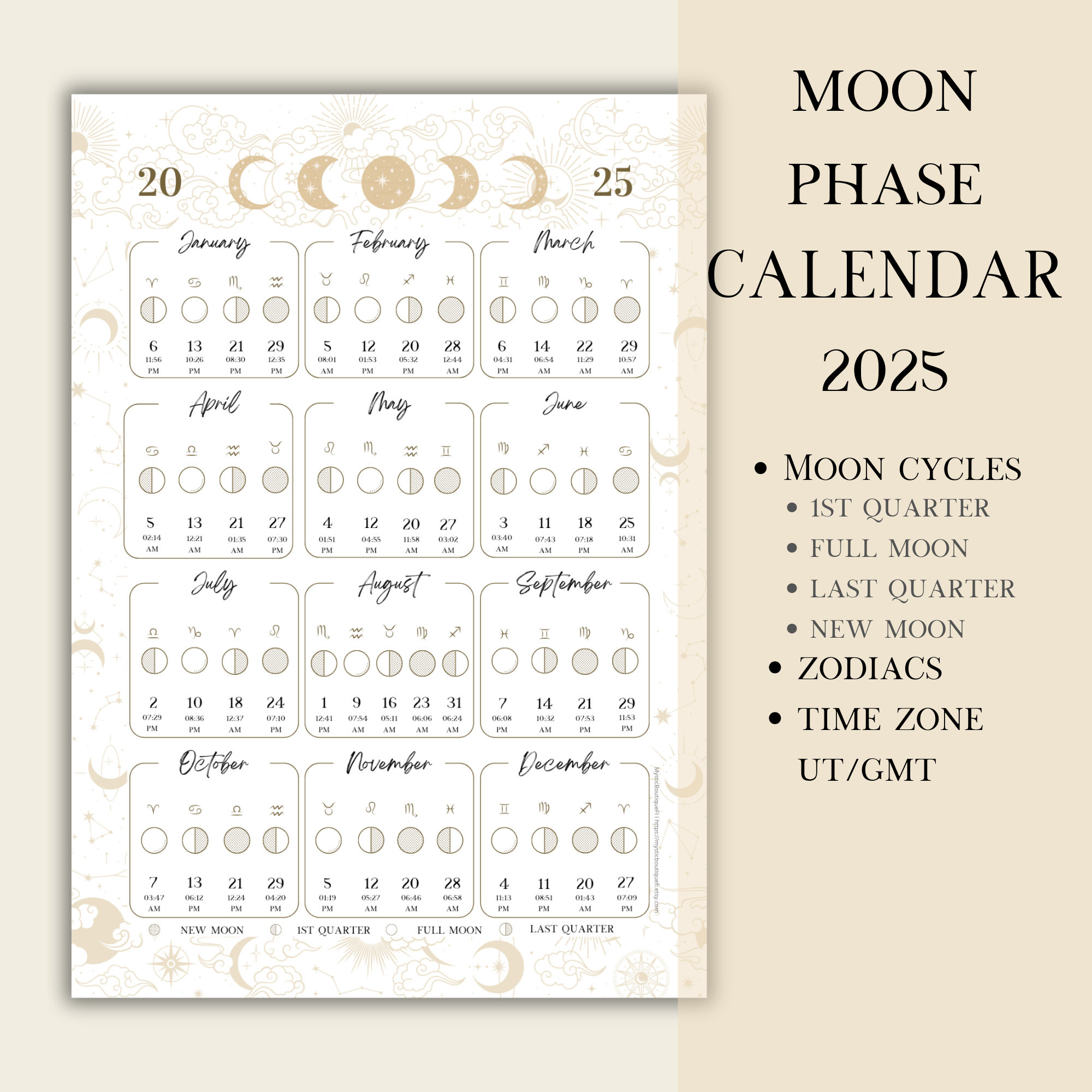 Printable Pdf Lunar Calendar, Moon Phase Calendar 2025 - Etsy | Calendar 2025