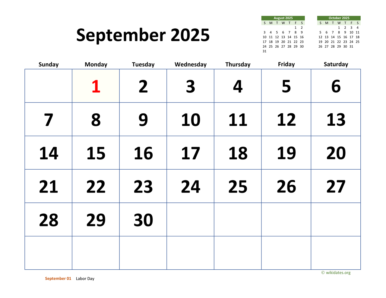 September 2025 Calendar With Extra-Large Dates | Wikidates | Calendar 2025