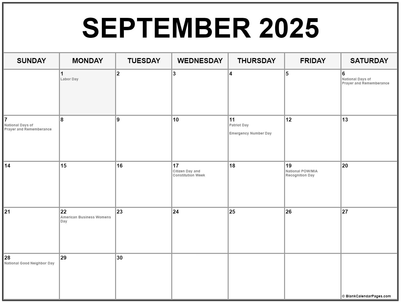 September 2025 With Holidays Calendar | Calendar 2025