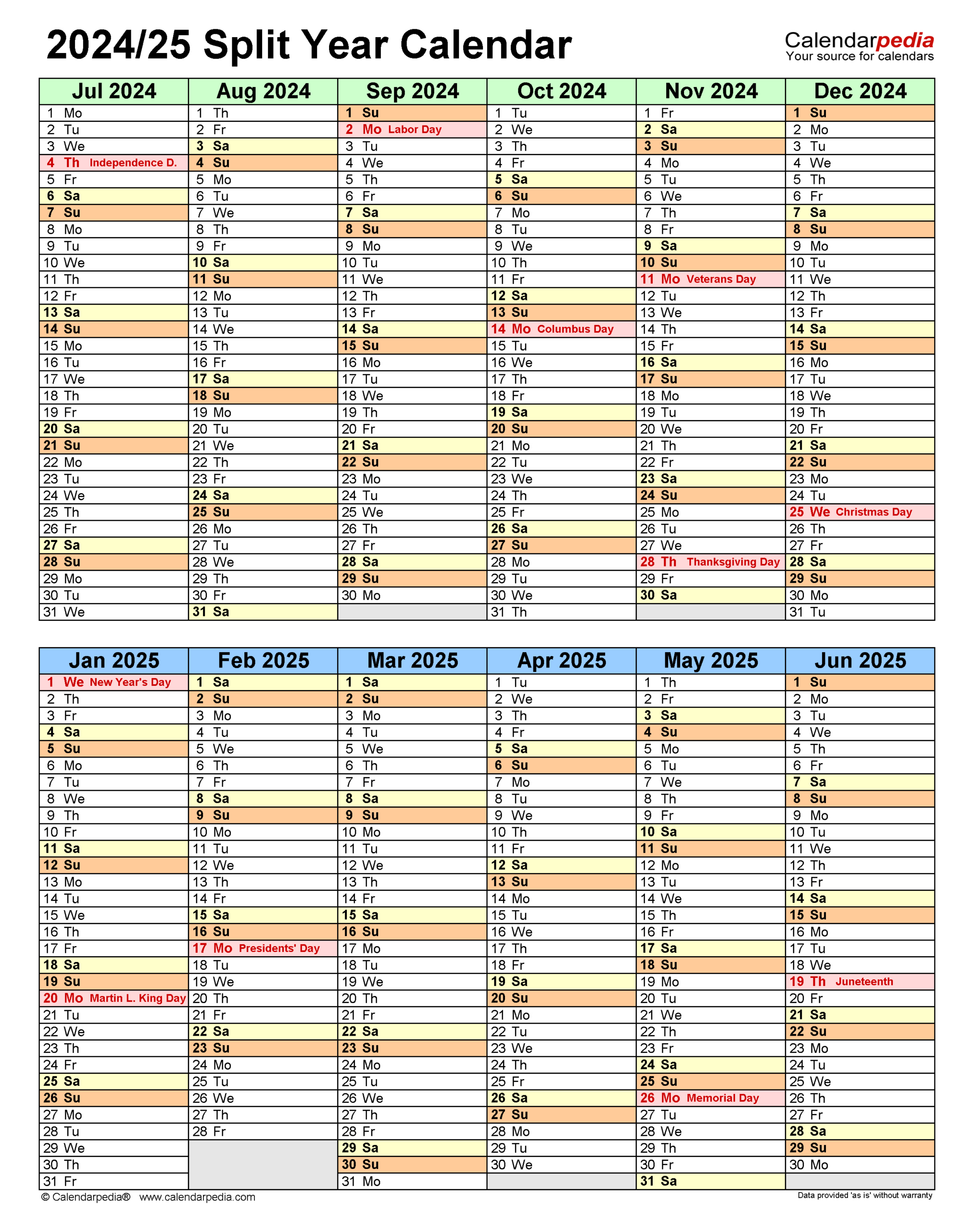 Split Year Calendars 2024/2025 (July To June) - Pdf Templates | Free Printable Calendar July 2024 June 2025