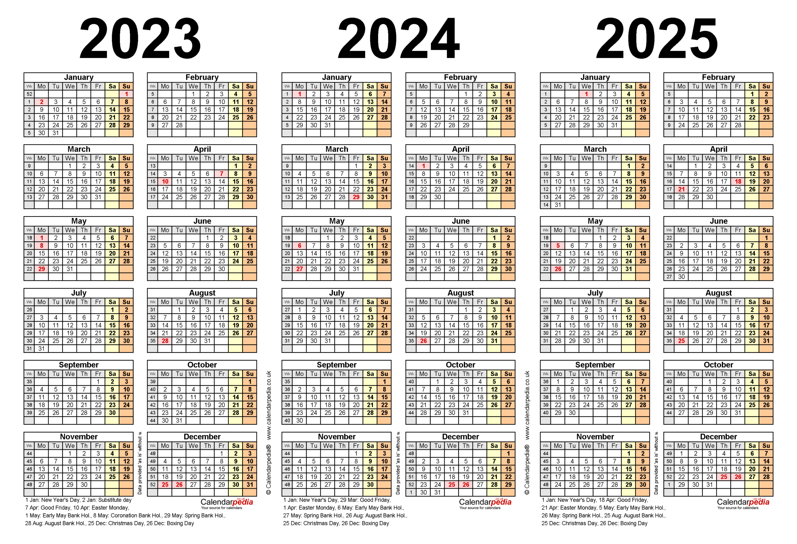 Three Year Calendars For 2023, 2024 &amp;amp; 2025 (Uk) For Pdf | 3 Year Calendar 2024 to 2025 Printable