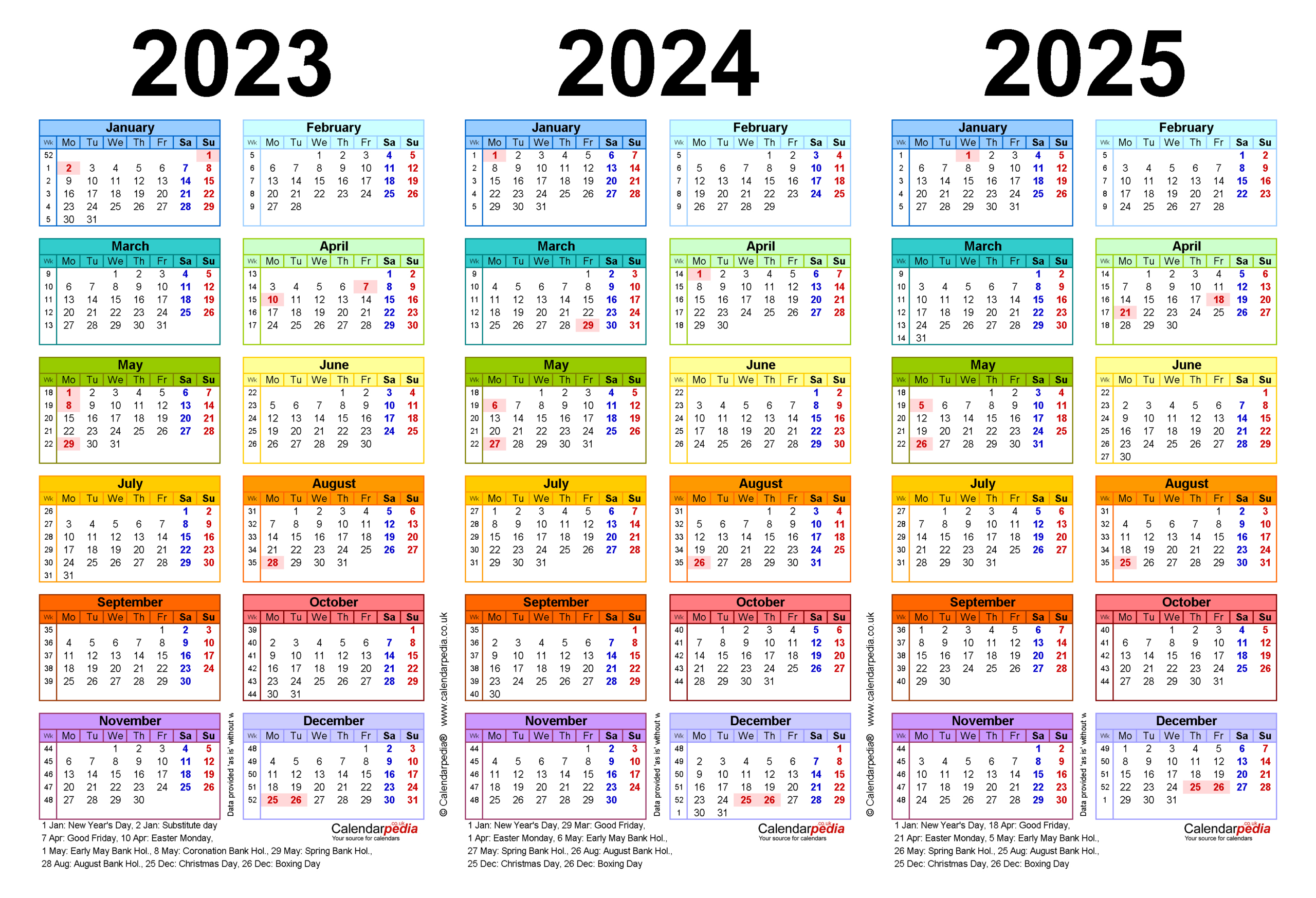 Three Year Calendars For 2023, 2024 &amp; 2025 (Uk) For Pdf | 3 Year Calendar 2024 to 2025 Printable