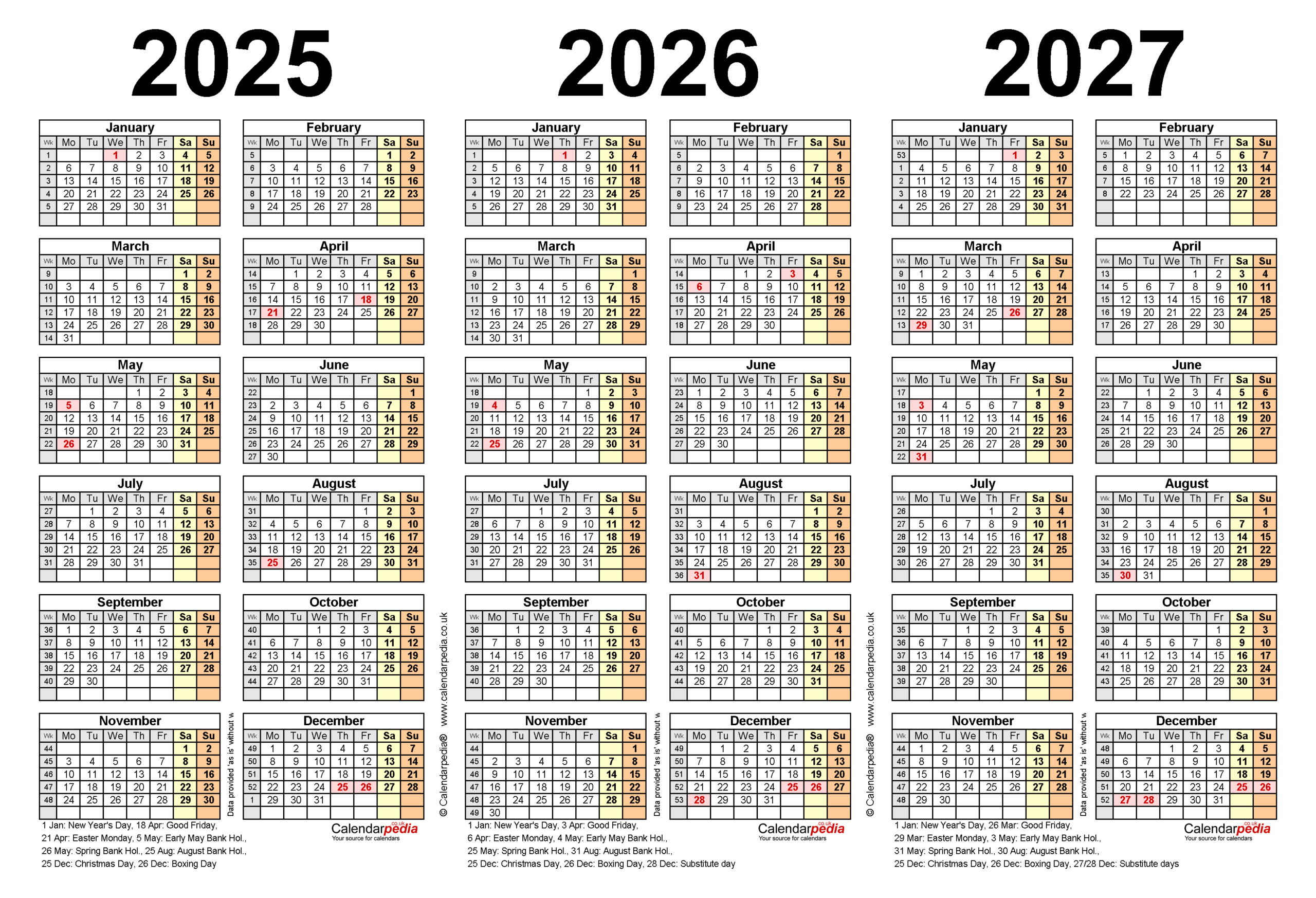 Three Year Calendars For 2025, 2026 &amp;amp; 2027 (Uk) For Pdf | 3 Year Calendar 2025 To 2026 Printable