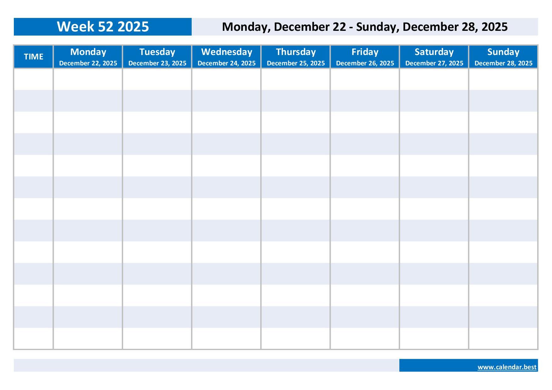 Week 52 2025: Dates, Calendar And Weekly Schedule To Print | Calendar 2025