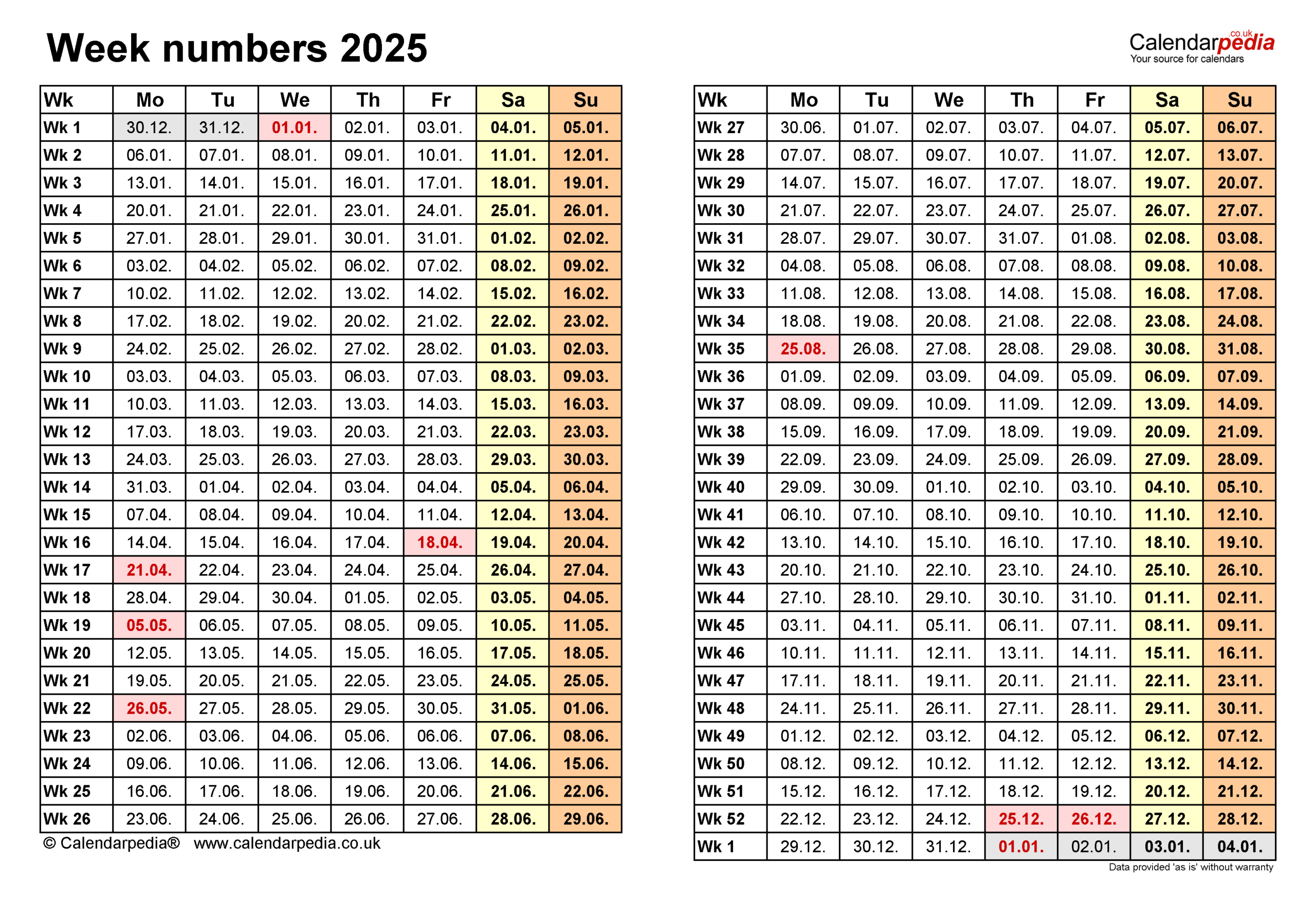 Week Numbers 2025 With Excel, Word And Pdf Templates | Printable Calendar with Week Numbers 2025