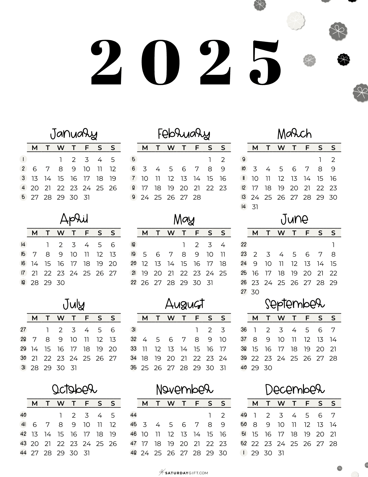 Week Numbers For 2025 - What Week Is It? | Saturdaygift | 2025 Calendar by Weeks Printable