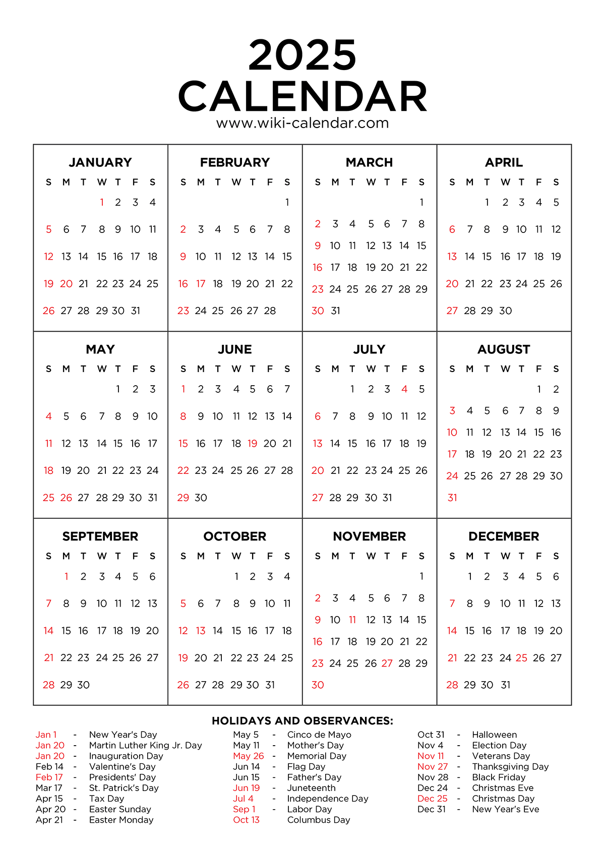 Year 2025 Calendar Printable With Holidays - Wiki Calendar | 2025 Calendar Holidays Printable