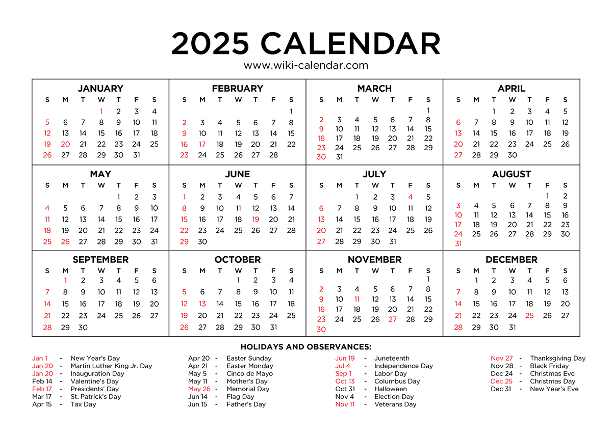 Year 2025 Calendar Printable With Holidays - Wiki Calendar | 2025 Calendar Images Printable