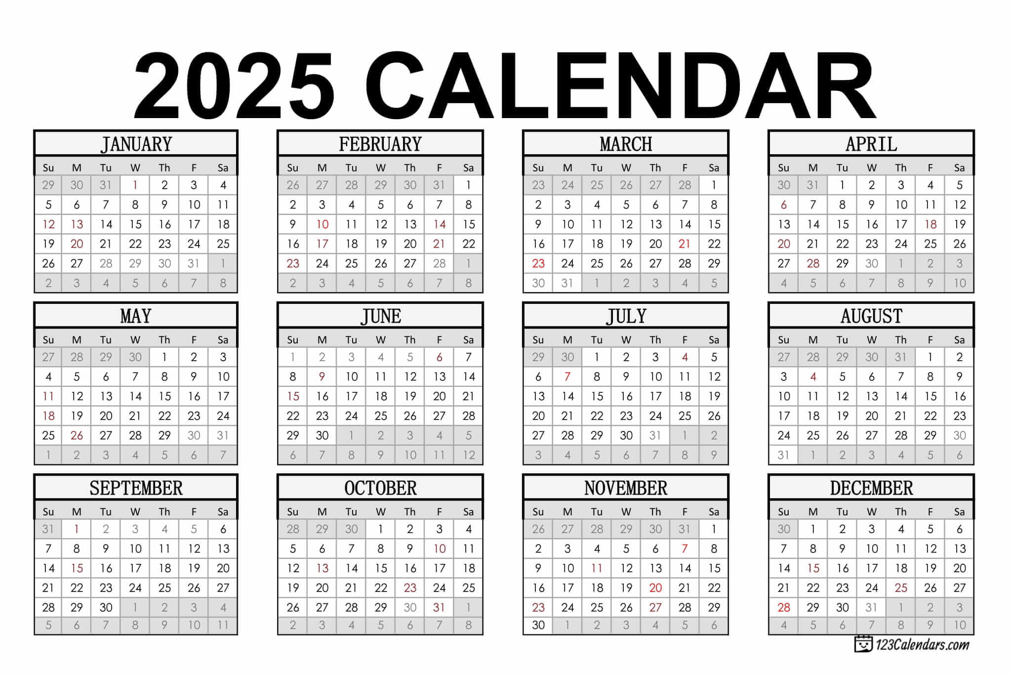 Year 2025 Calendar Templates | 123Calendars | Calendar 2025