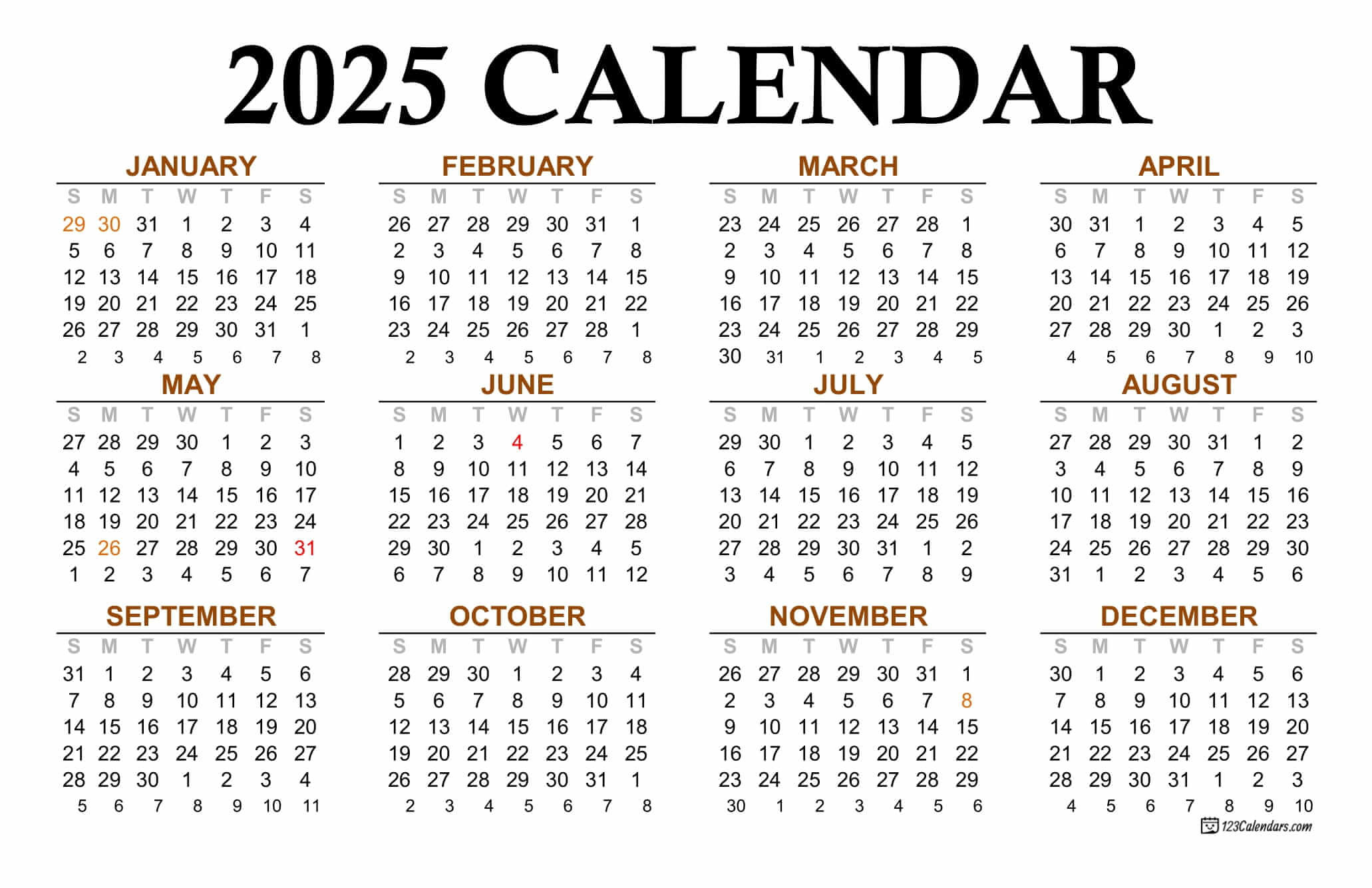 Year 2025 Calendar Templates | 123Calendars | Time and Date Printable Calendar 2025