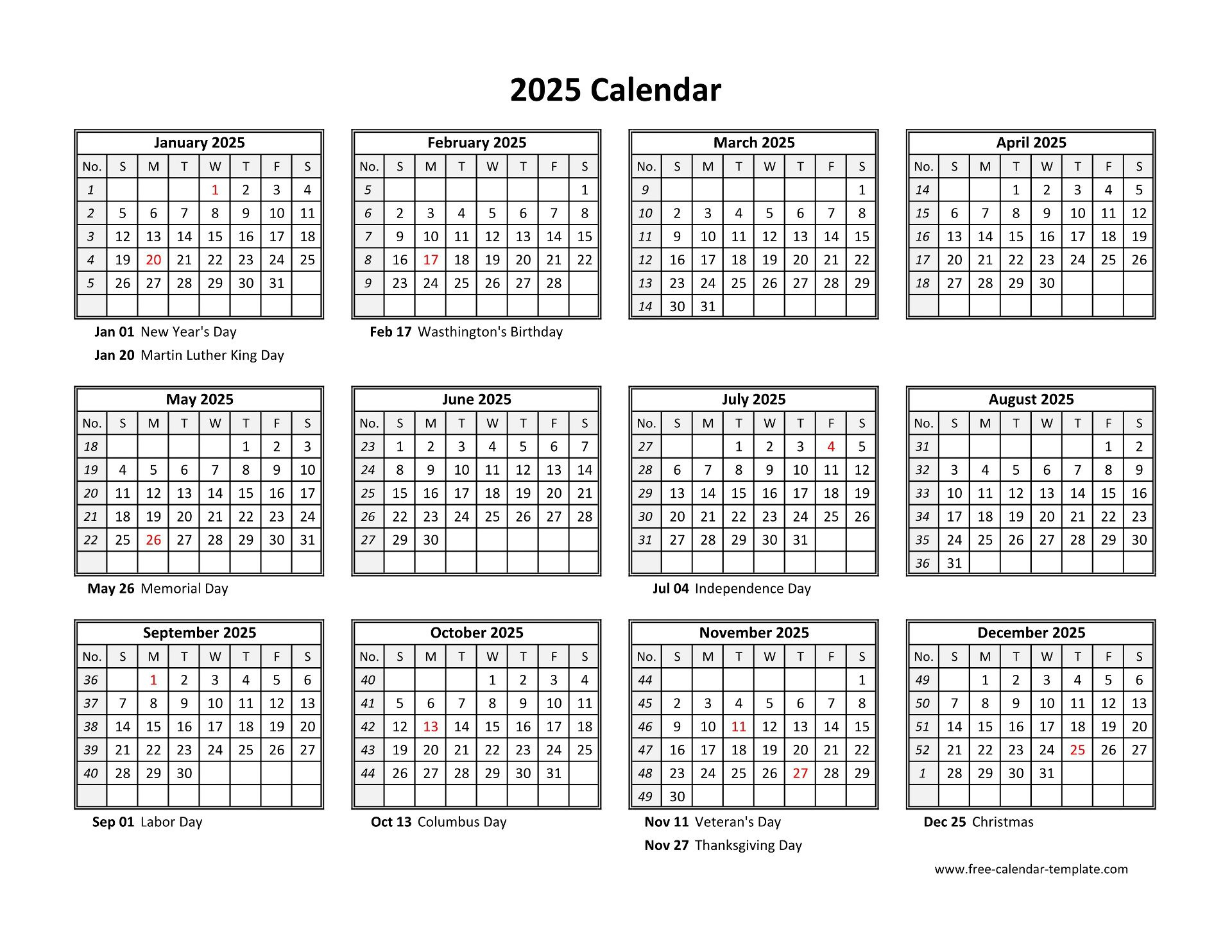 Yearly Calendar 2025 Printable With Federal Holidays | Free |  Calendar 2025