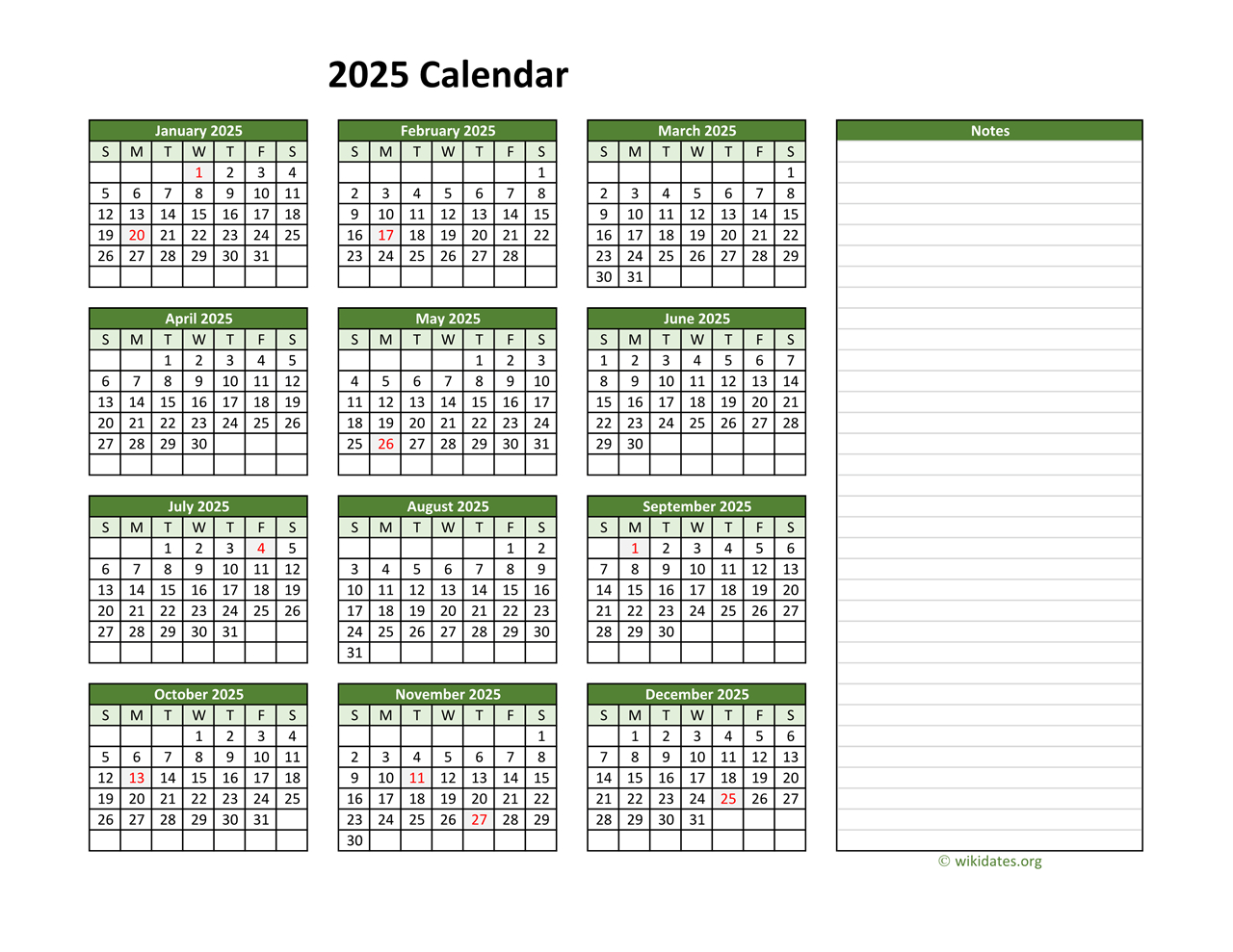 Yearly Printable 2025 Calendar With Notes | Wikidates | 2025 Calendar with Notes Printable