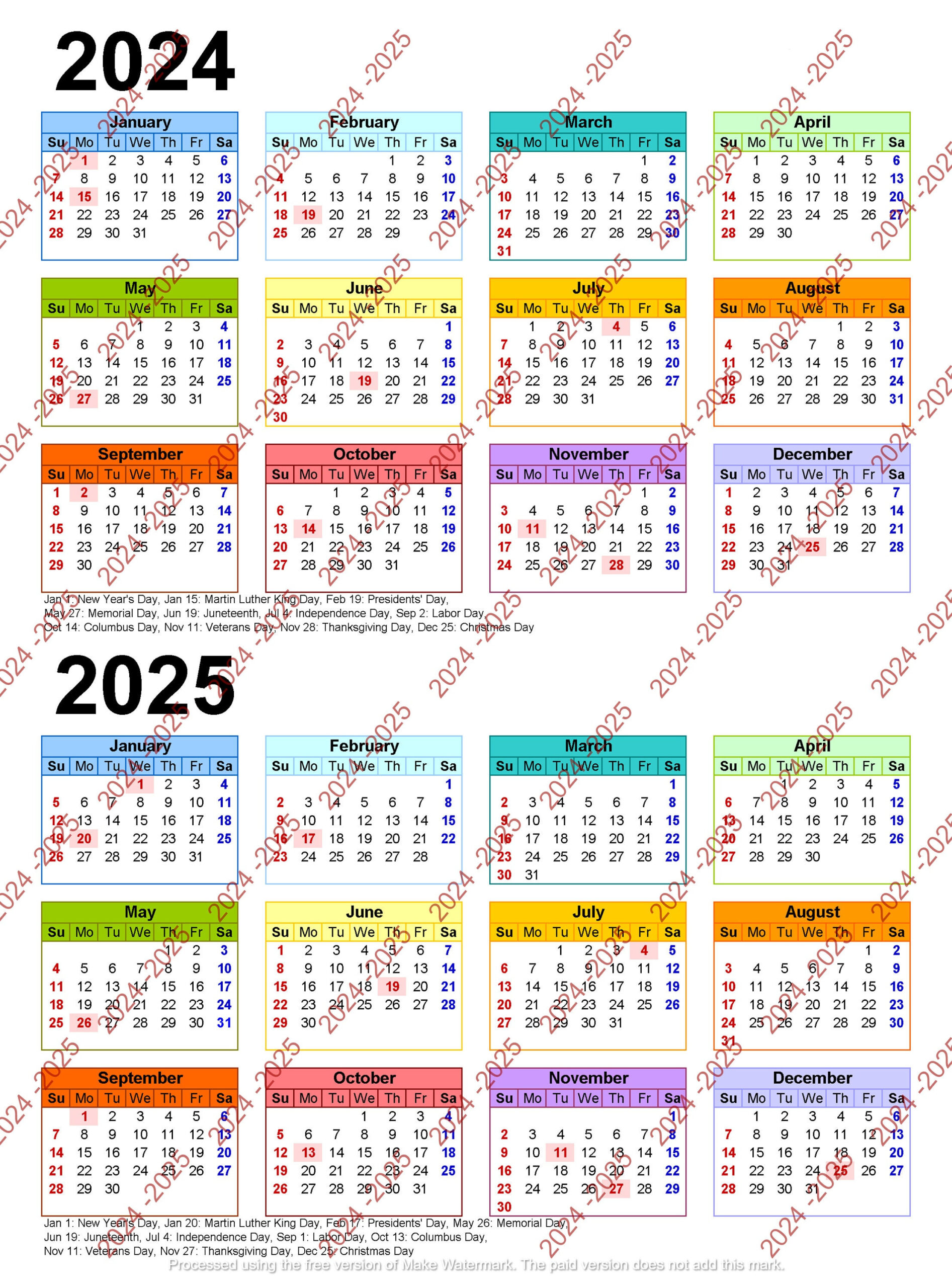 2024-2025 Colorful Calendar Printable, Yearly Calendar, 12-Months | 2024 - 2025 Calendar Printable