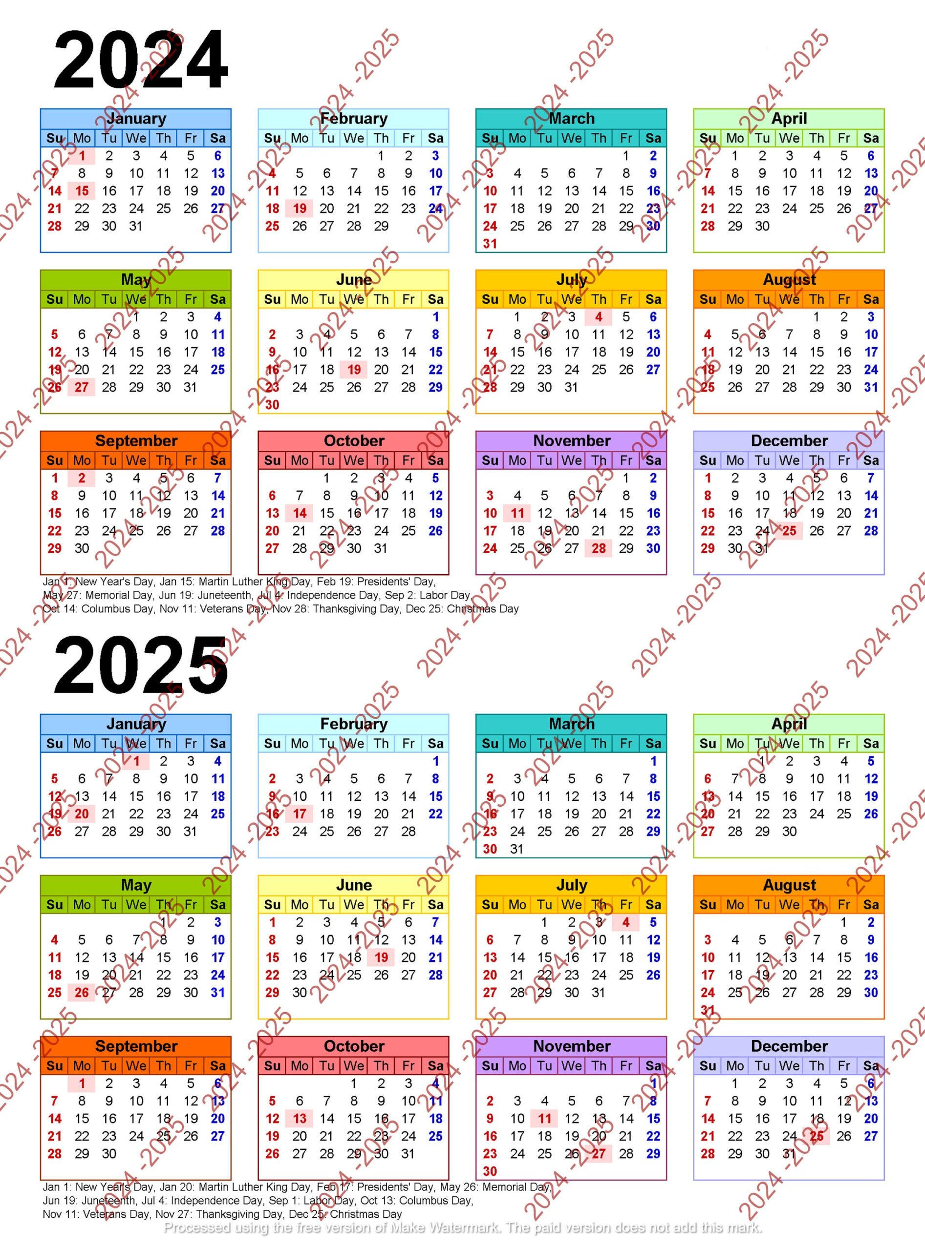 2024-2025 Colorful Calendar Printable, Yearly Calendar, 12-Months | Printable Calendar 2024 And 2025