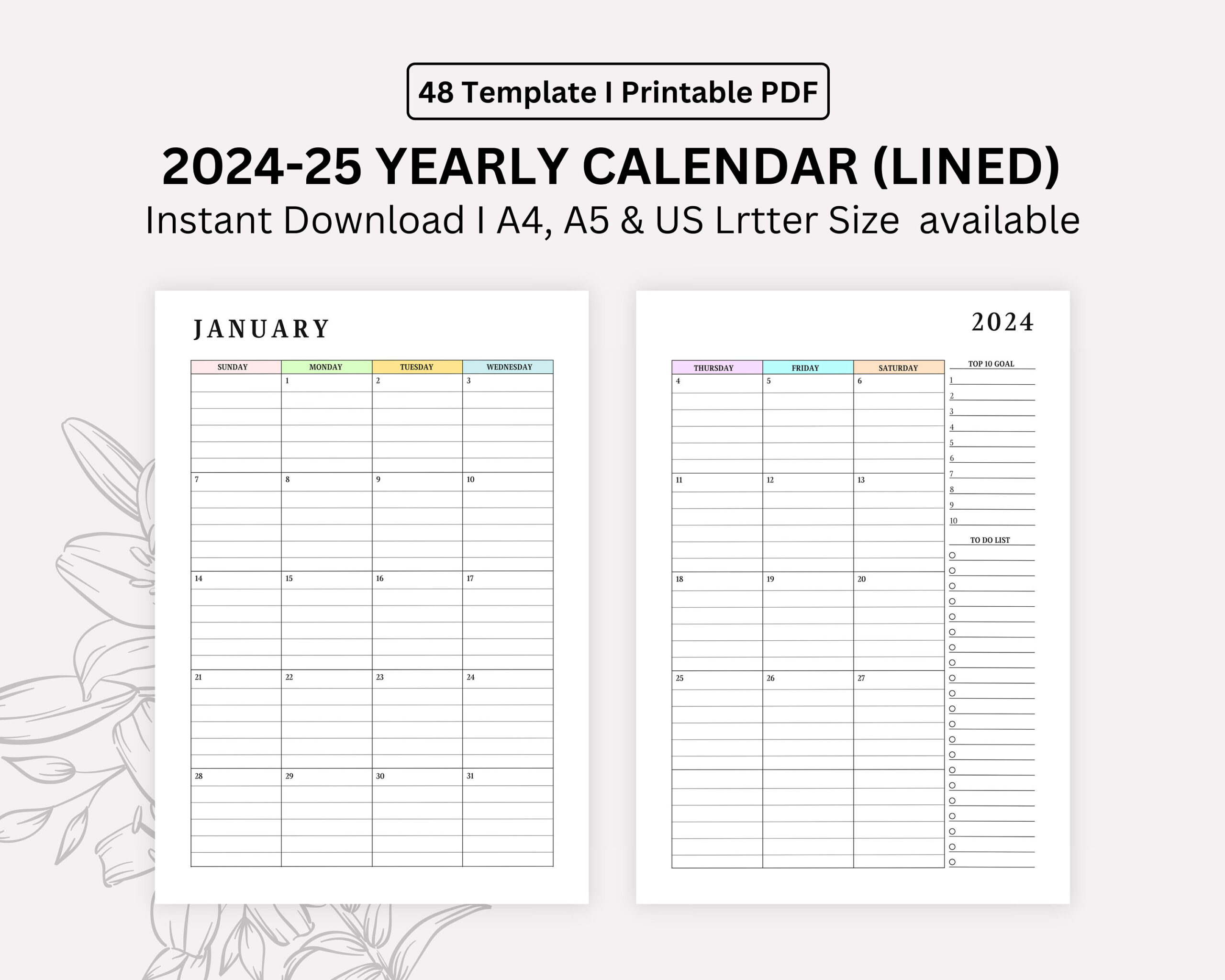 2024, 2025 Monthly Lined Calendar Printable, Dated Month On 2 | 2024 And 2025 Monthly Calendar Printable