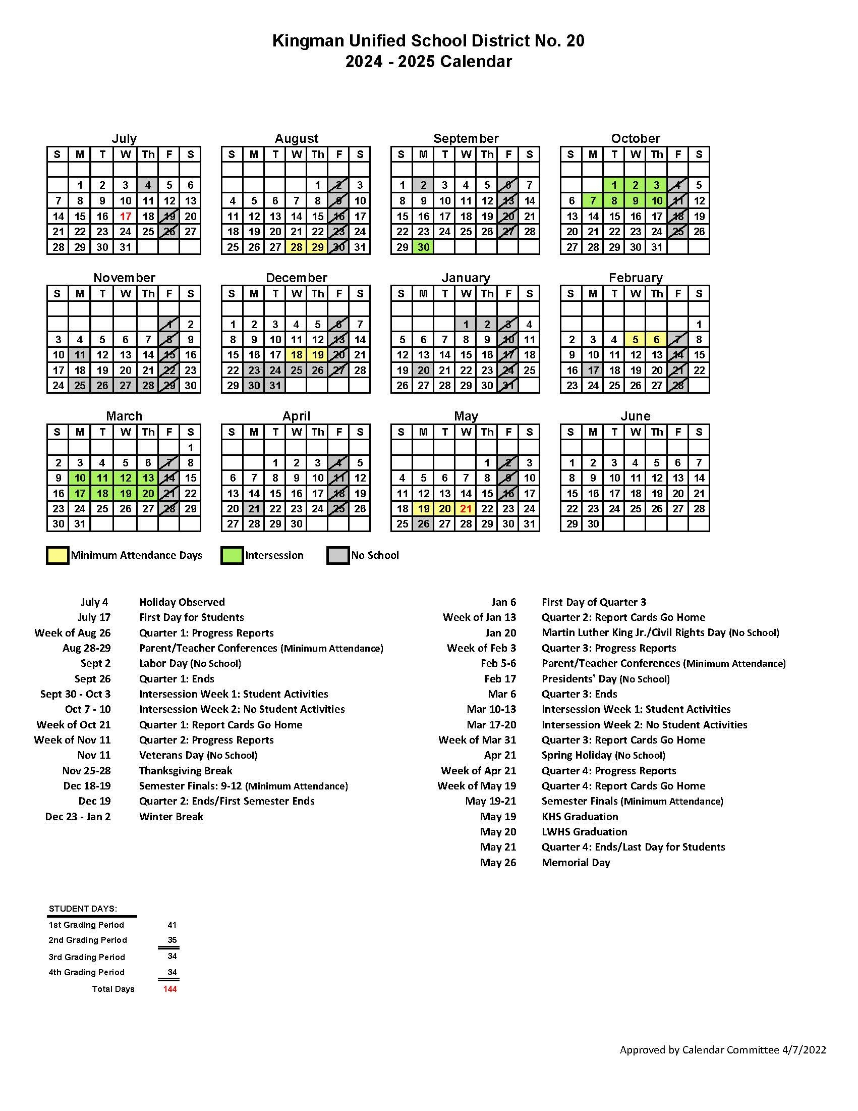 2024-25 School Calendar | Kingman Unified School District #20 | Kisd Calendar 24 25 Printable