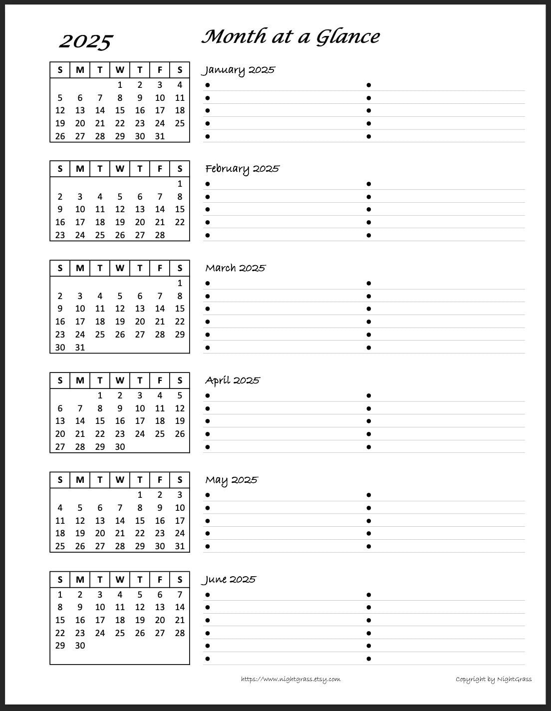 2025 6-Month At A Glance Minimalist Calendar, 8.5X11 Instant | 6 Month Calendar Printable 2025