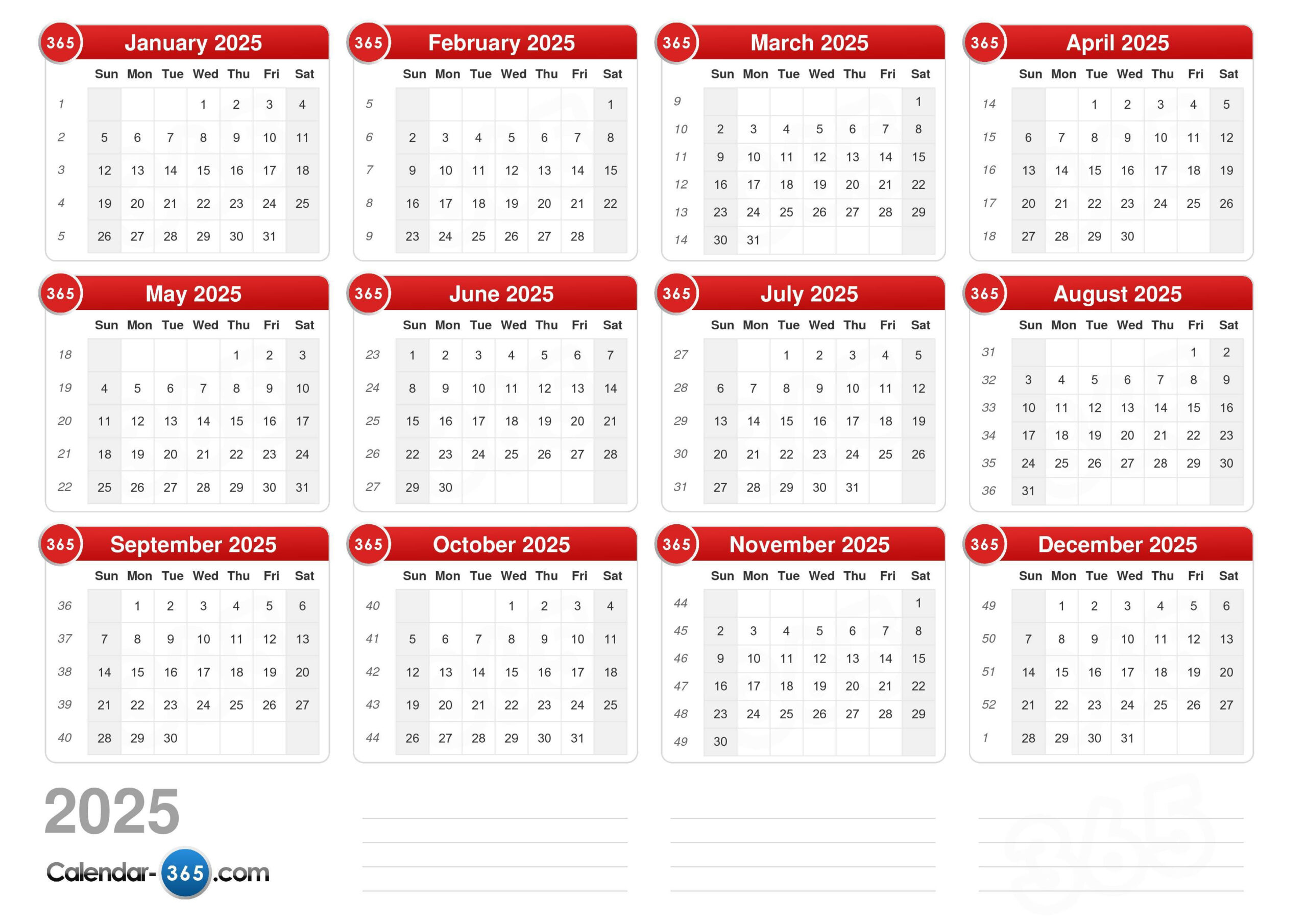 2025 Calendar | 2025 Calendar Weeks Printable