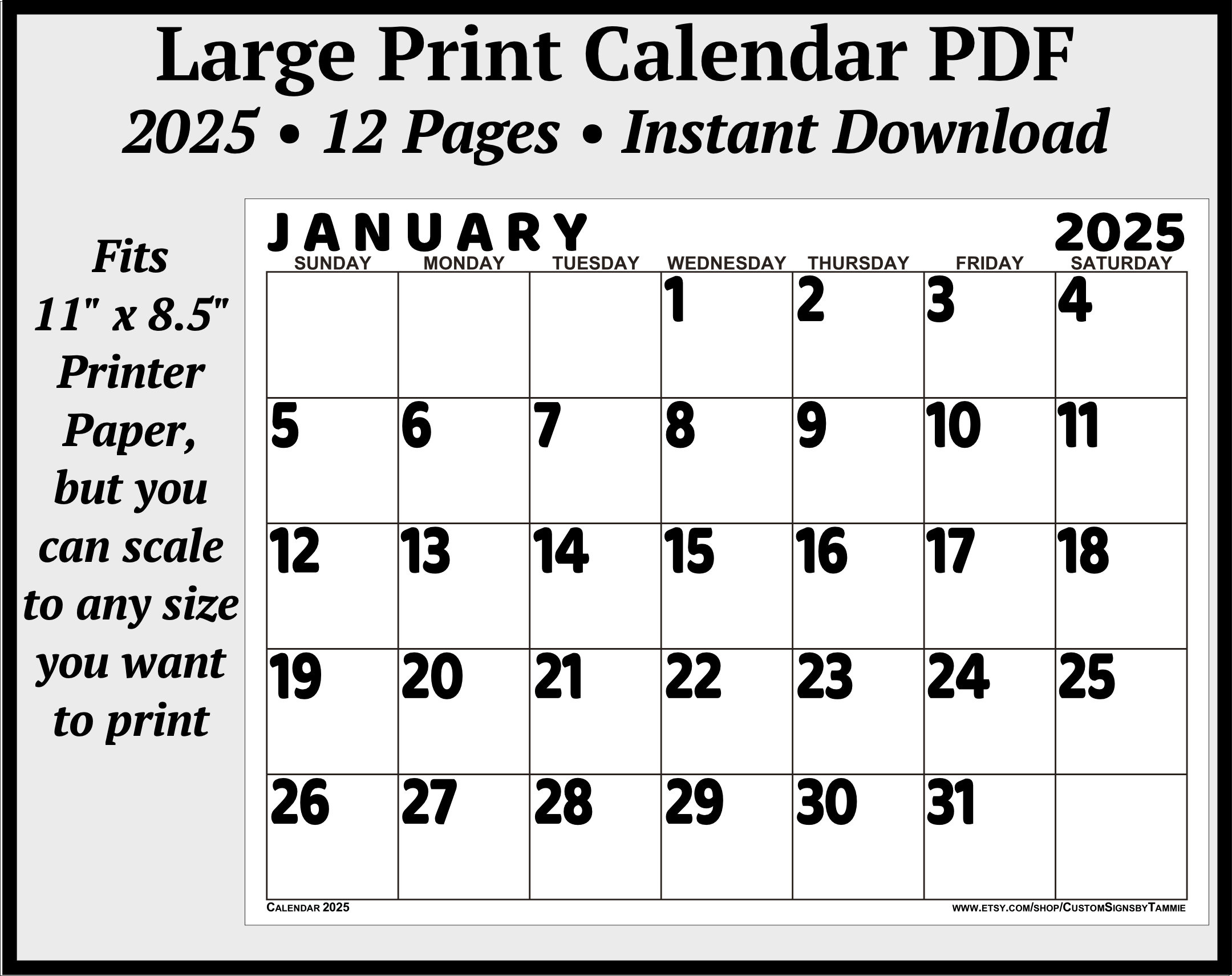 2025 Calendar Pdf With Large Print Big Bold Numbers Instant | Printable Calendar 2025 Large Print