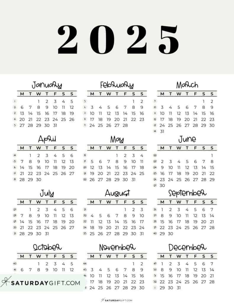 2025 Calendar Printable - 18 Cute &amp;amp; Free 2025 Yearly Calendar | Printable 2025 Calendar Starting Monday