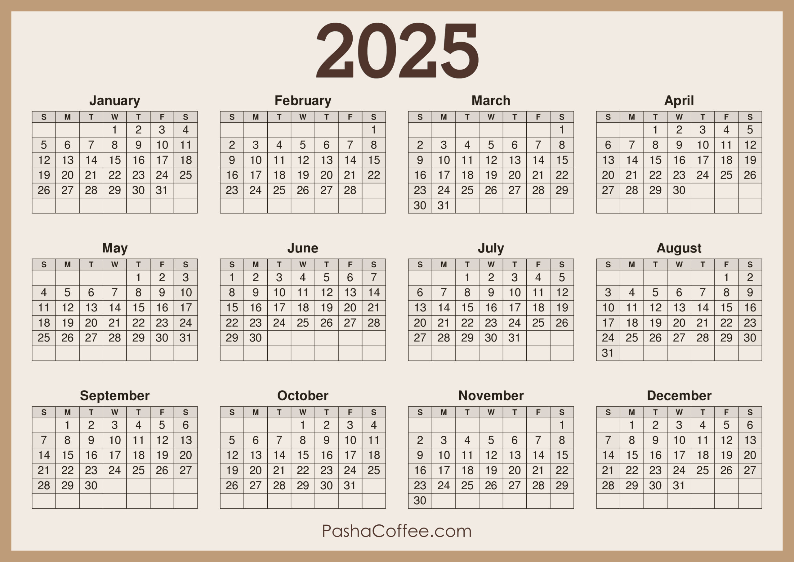 2025 Calendar Printable Free, Horizontal, Beige – Pashacoffee | 2025 Calendar Printable Horizontal