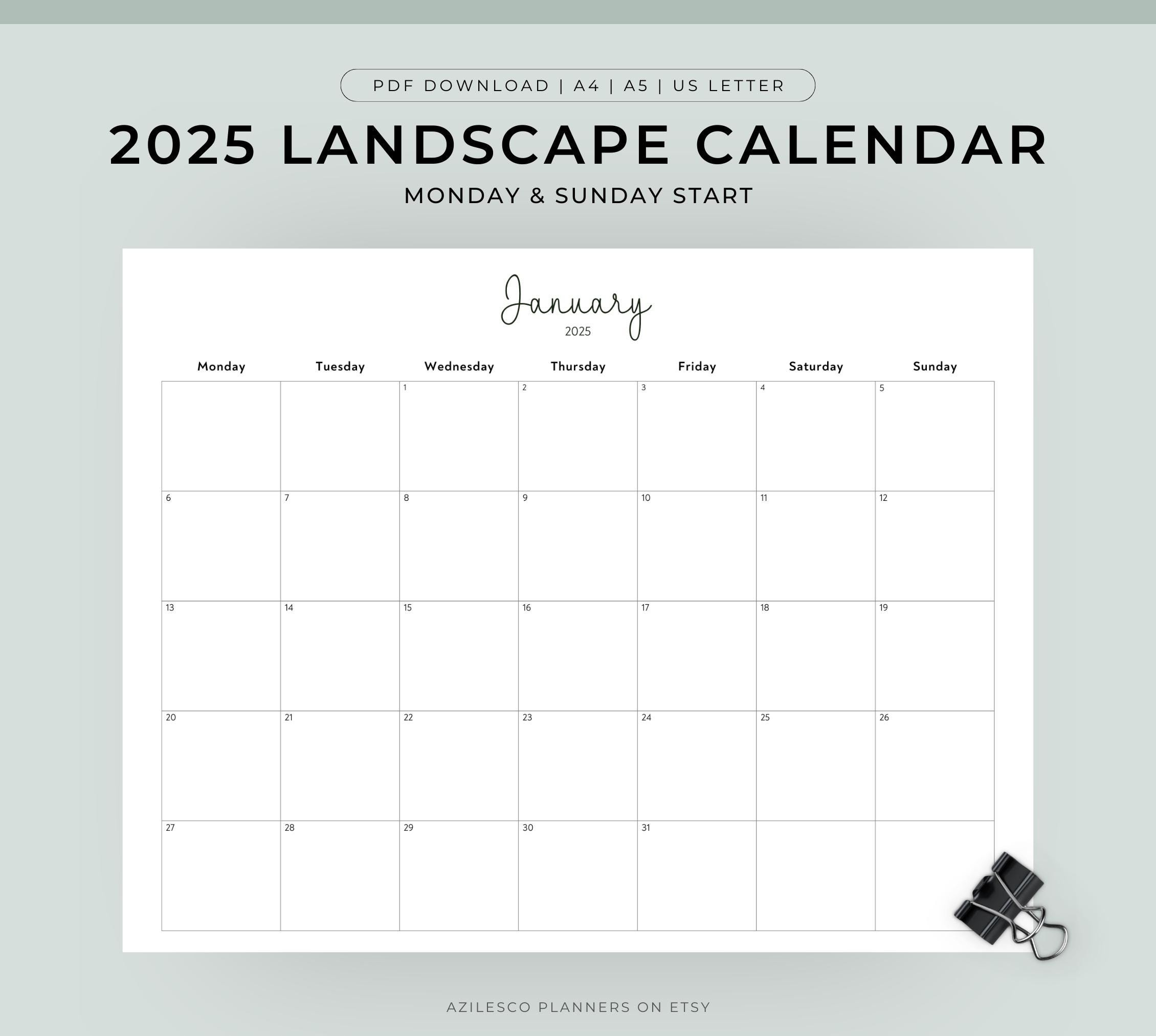 2025 Calendar Printable Landscape, Minimalist Monthly Calendar | 2025 Calendar Printable Landscape