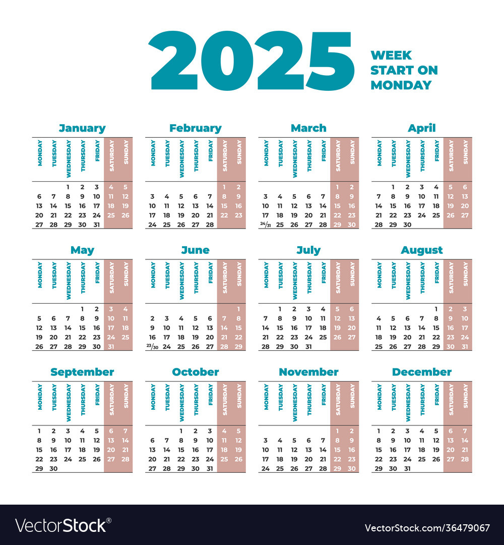 2025 Calendar Template With Weeks Start On Monday Vector Image | Calendar 2025