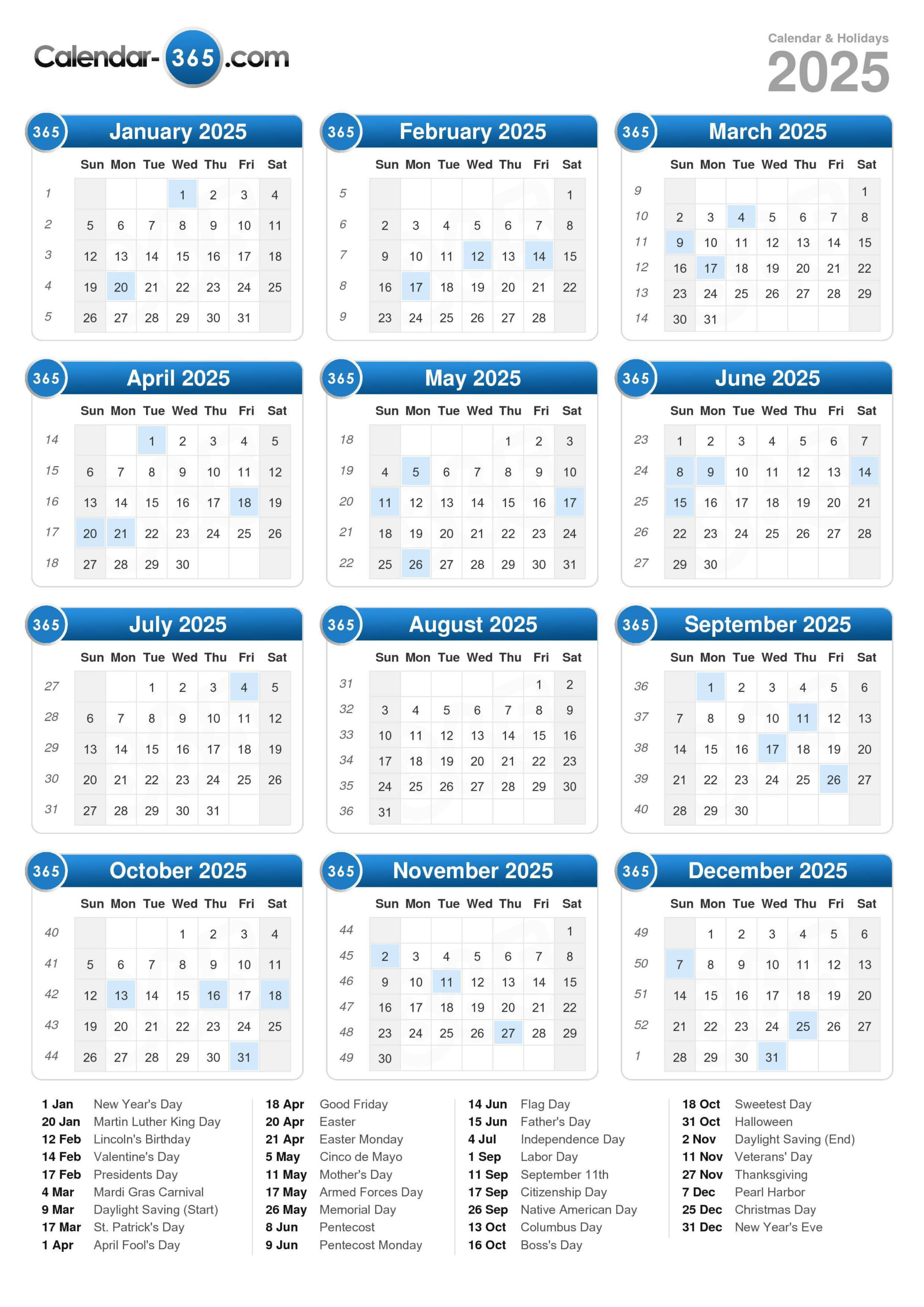 2025 Calendar | Time and Date Calendar 2025 Printable