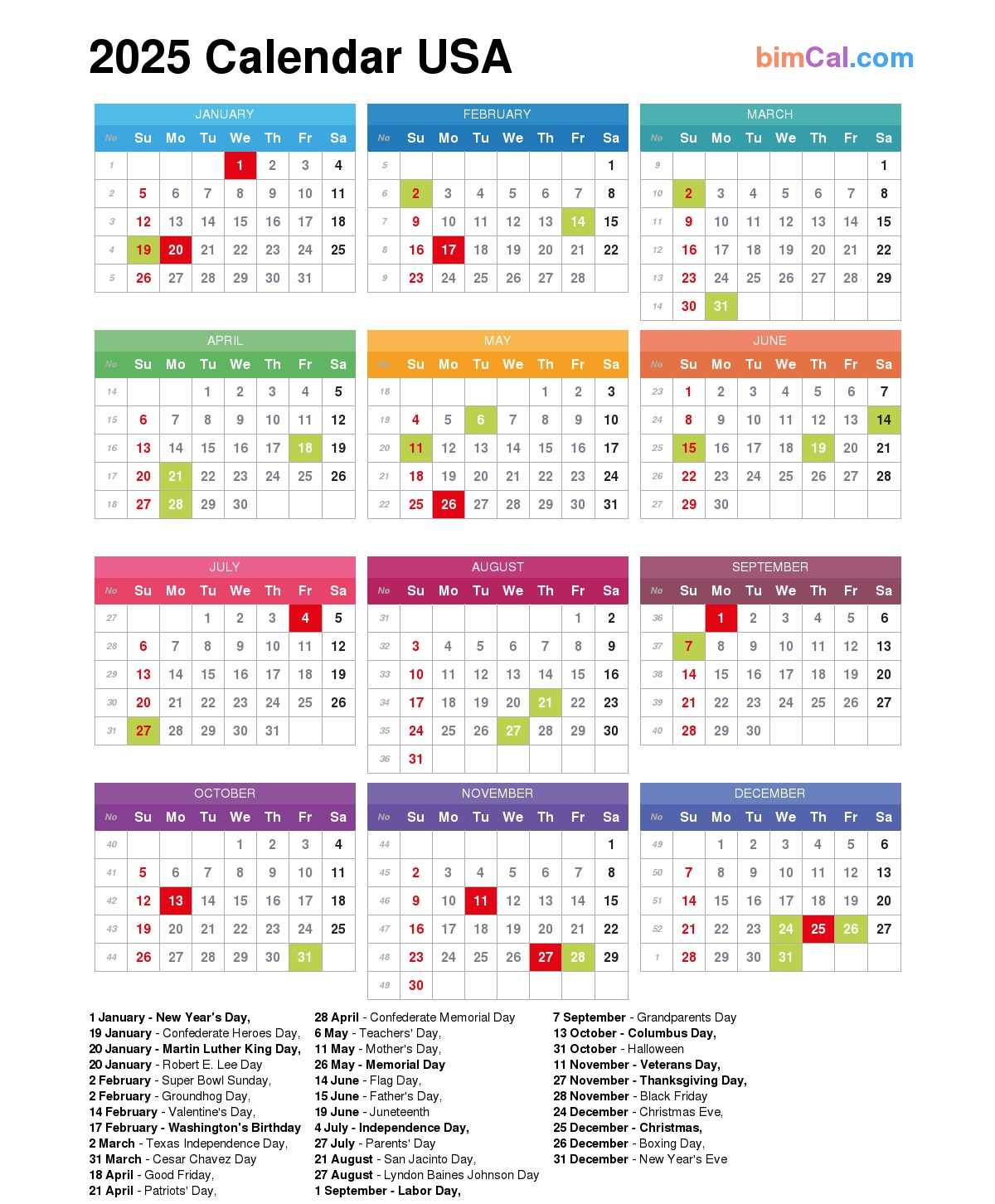 2025 Calendar Usa - Bimcal | 2025 Calendar Printable with Holidays Usa