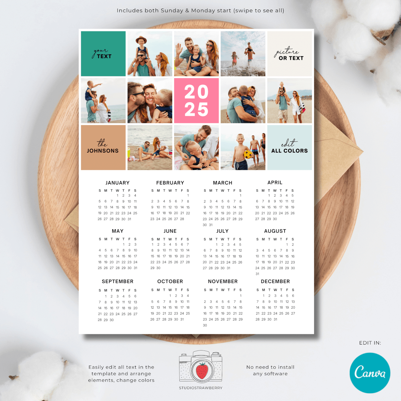 2025 Calendar With Customizable Grid Photo Collage – Strawberry Kit |  Calendar 2025