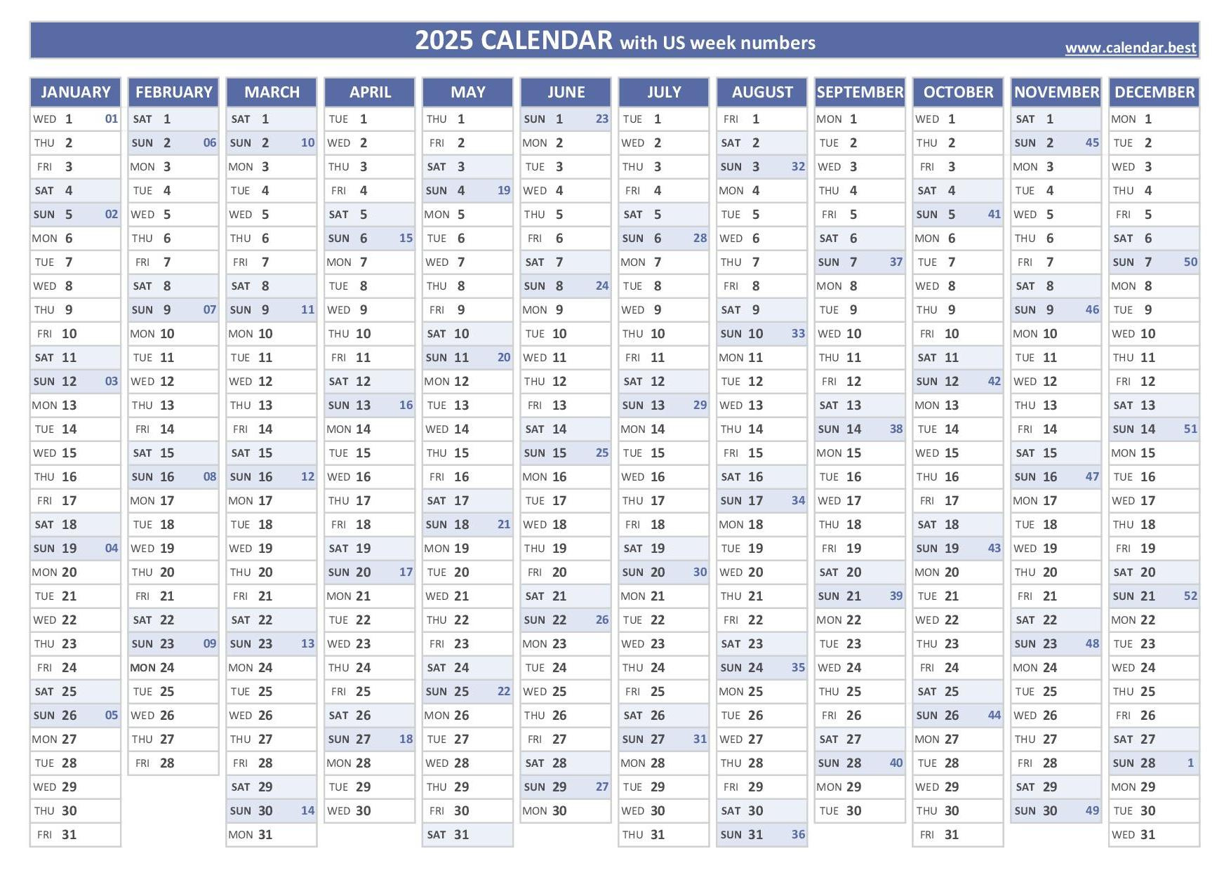 2025 Calendar With Week Numbers (Us And Iso Week Numbers) | 2025 Weeks Calendar Printable