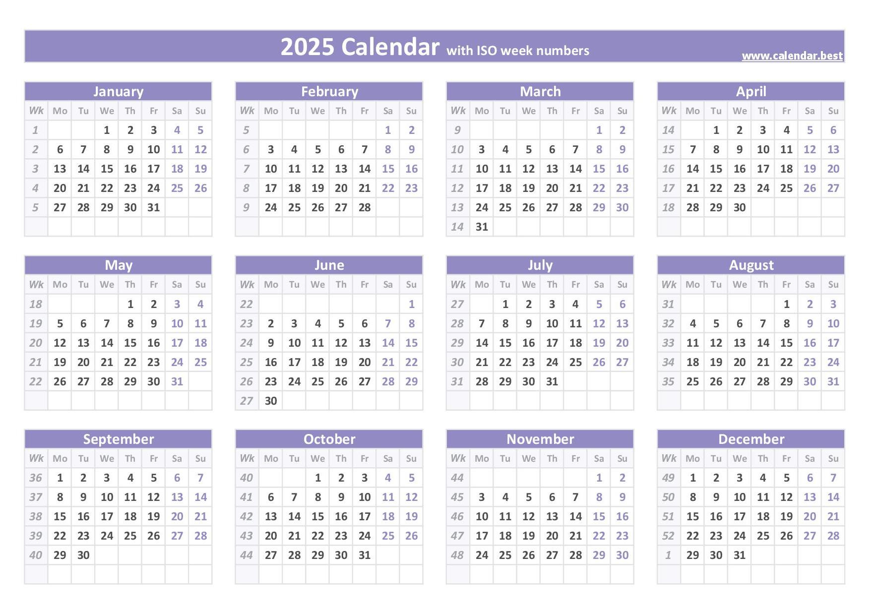 2025 Calendar With Week Numbers (Us And Iso Week Numbers) | 2025 Weeks Calendar Printable