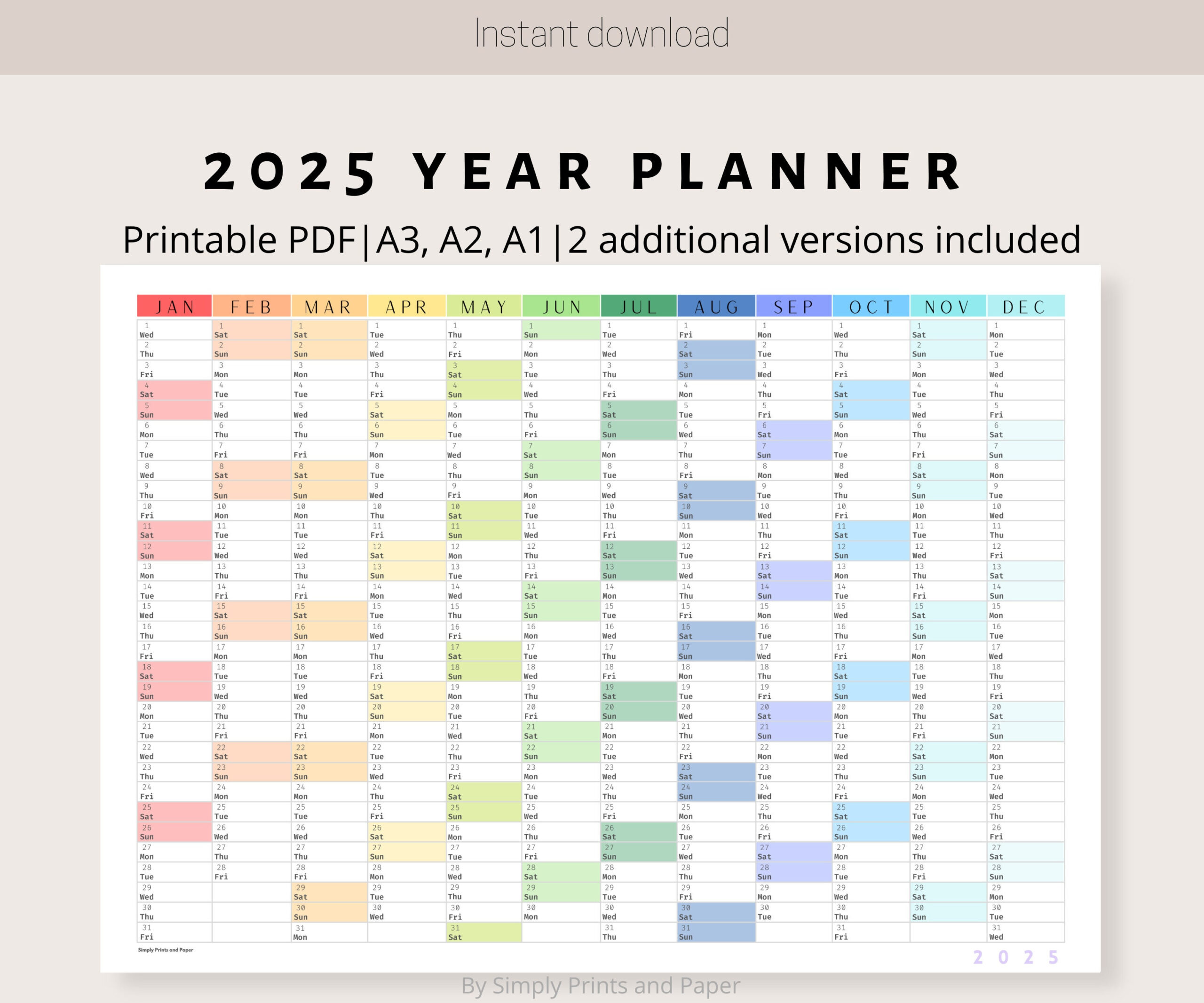 2025 Colorful Wall Calendar Printable Yearly Planner Large Wall | Printable 2025 Wall Calendar