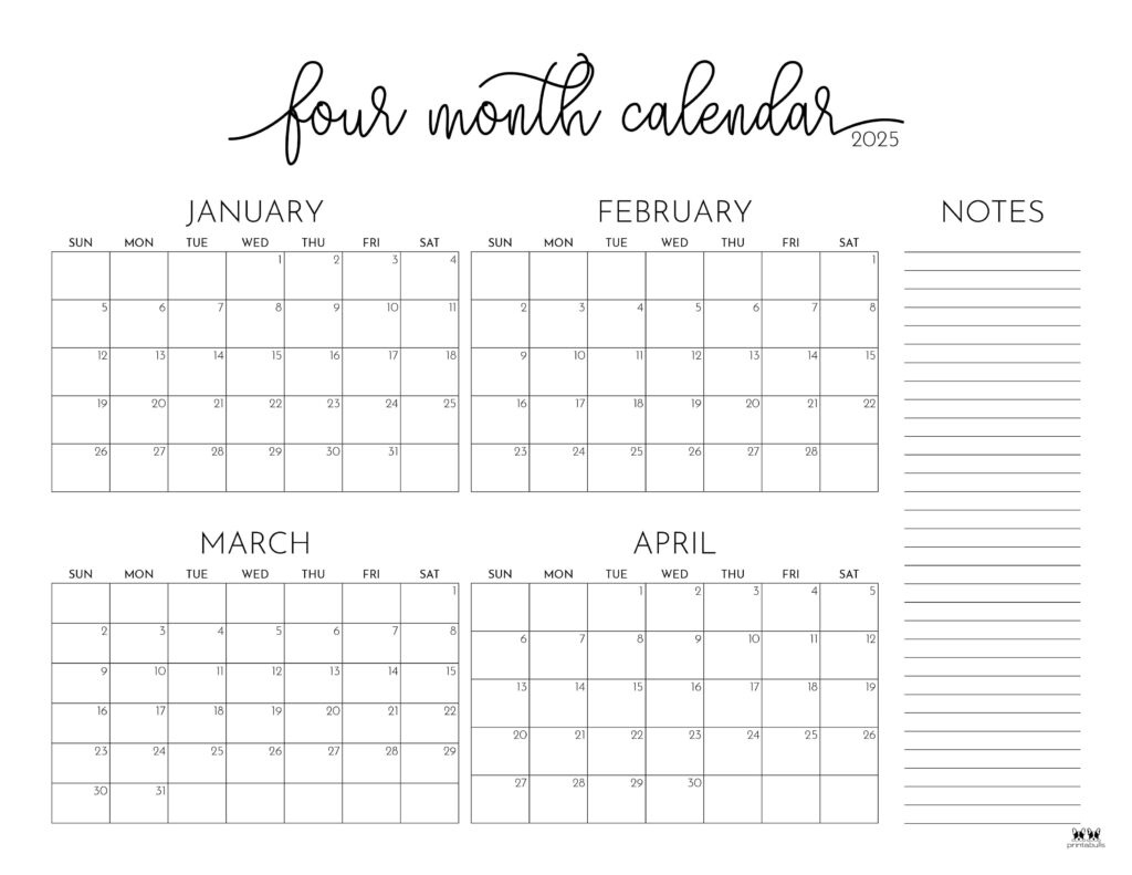 2025 Four Month Calendars - 31 Free Printables | Printabulls | Feb March April 2025 Calendar Printable