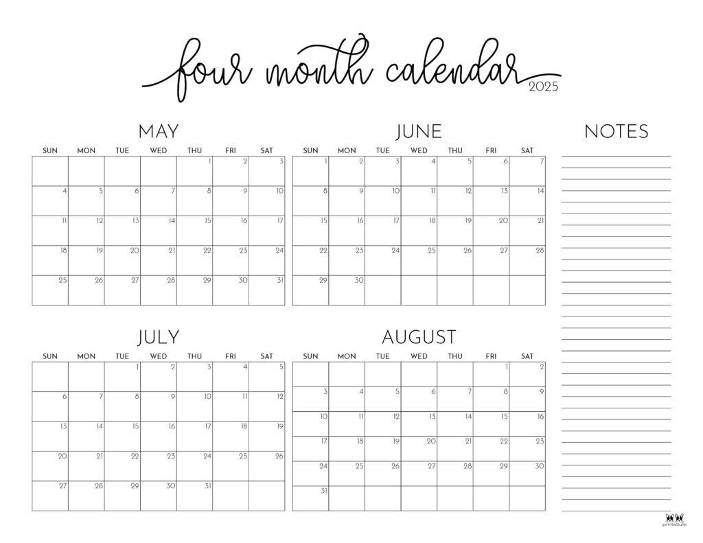 2025 Four Month Calendars - 31 Free Printables | Printabulls | Printable Calendar May June July 2025